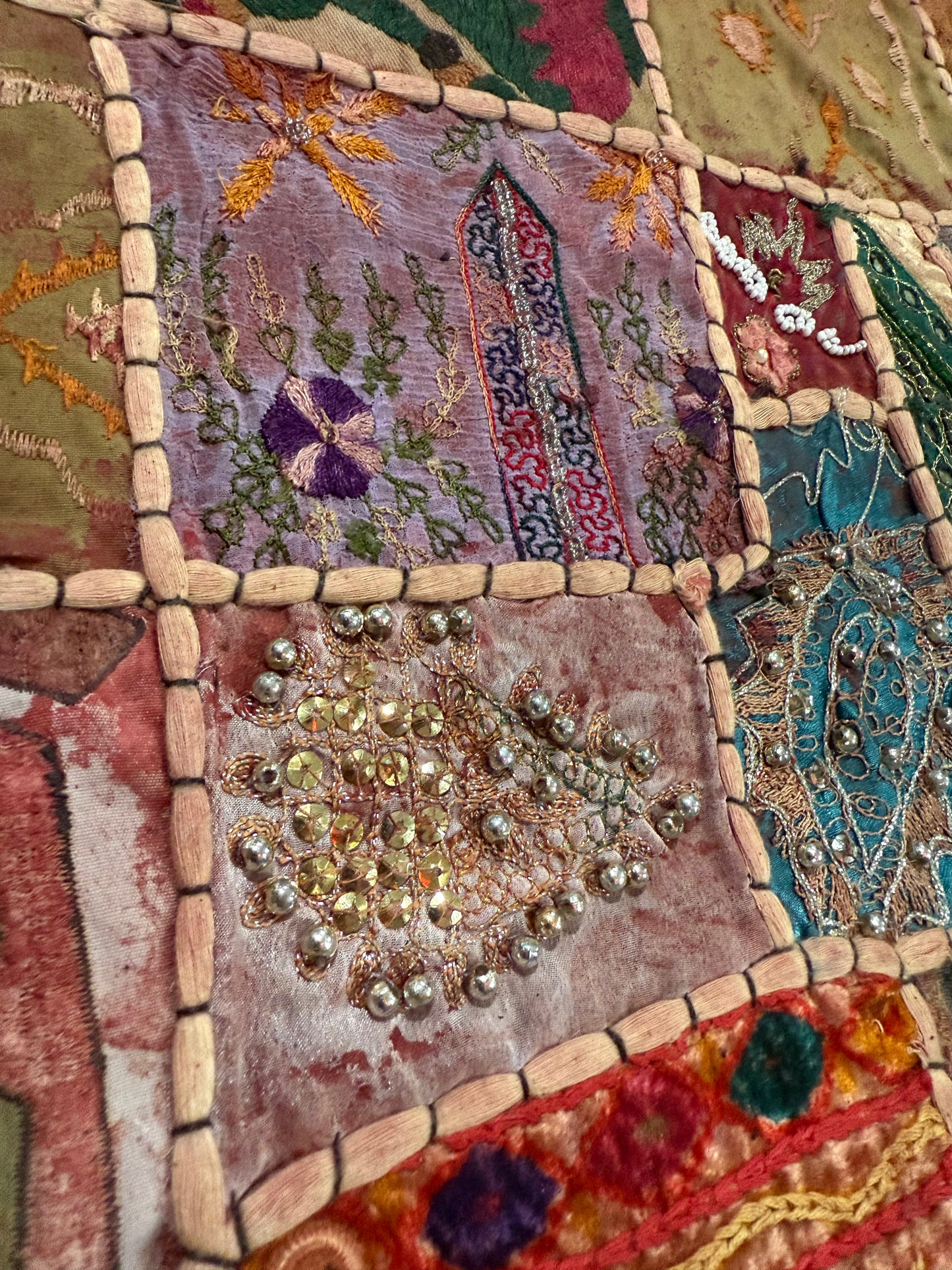 Handmade Indian Patchwork Cushion Cover – 16x16 Inch Red Boho Tapestry Pillow Burgundy Beaded Tapestry Pillow Cover: Vintage Indian Embroidered Cushion #15