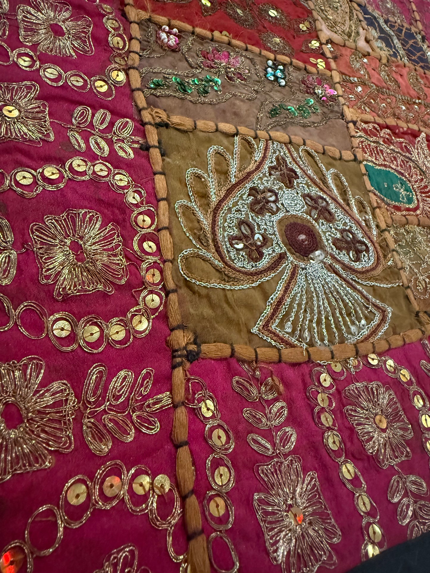 16'' INDIAN TAPESTRY CUSHION COVER ZARI BEADED PATCHWORK DECOR CUSHION COVERS (Kelly) #17