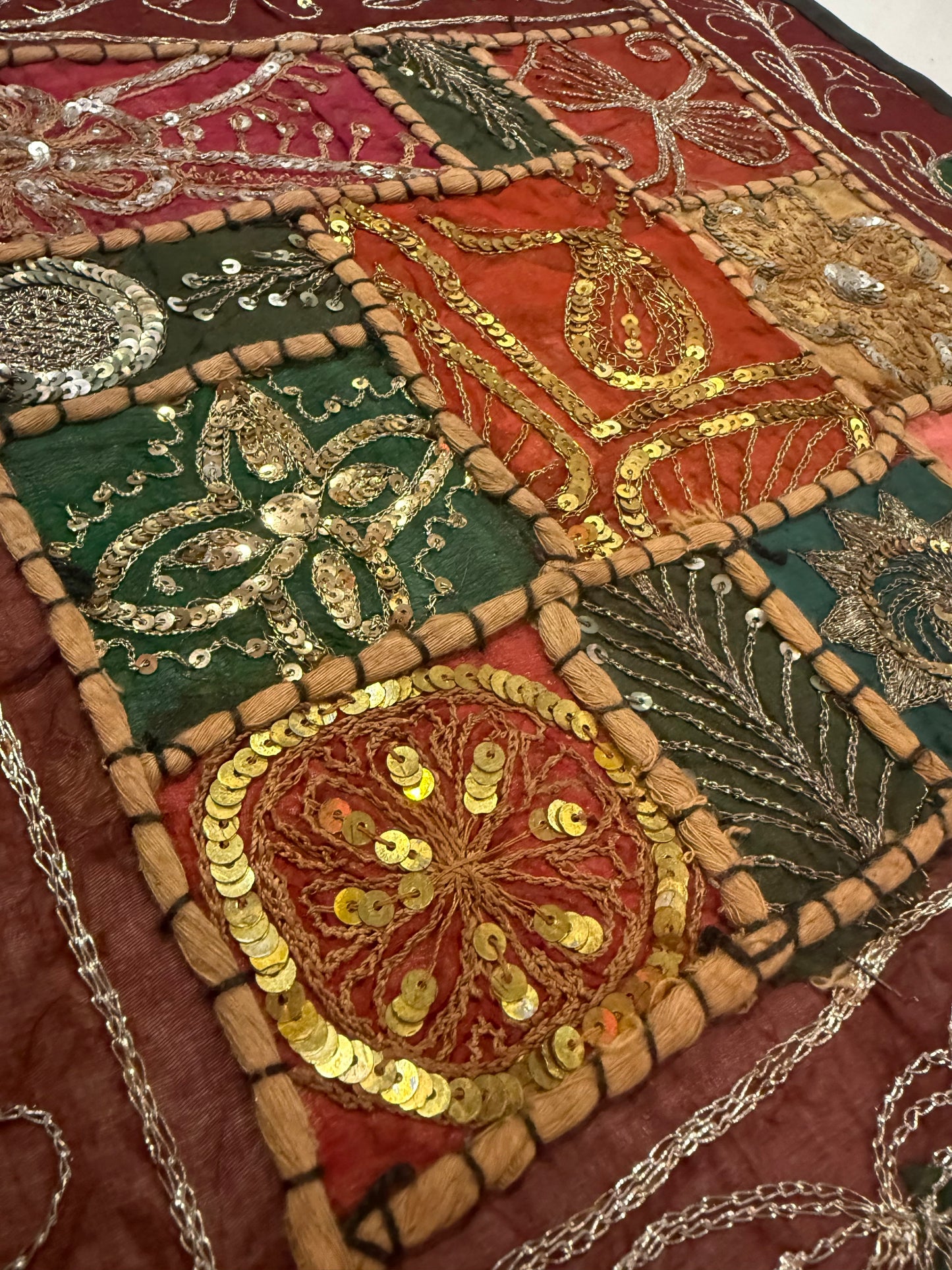 16'' INDIAN TAPESTRY CUSHION COVER ZARI BEADED PATCHWORK DECOR CUSHION COVERS (Kelly) #18