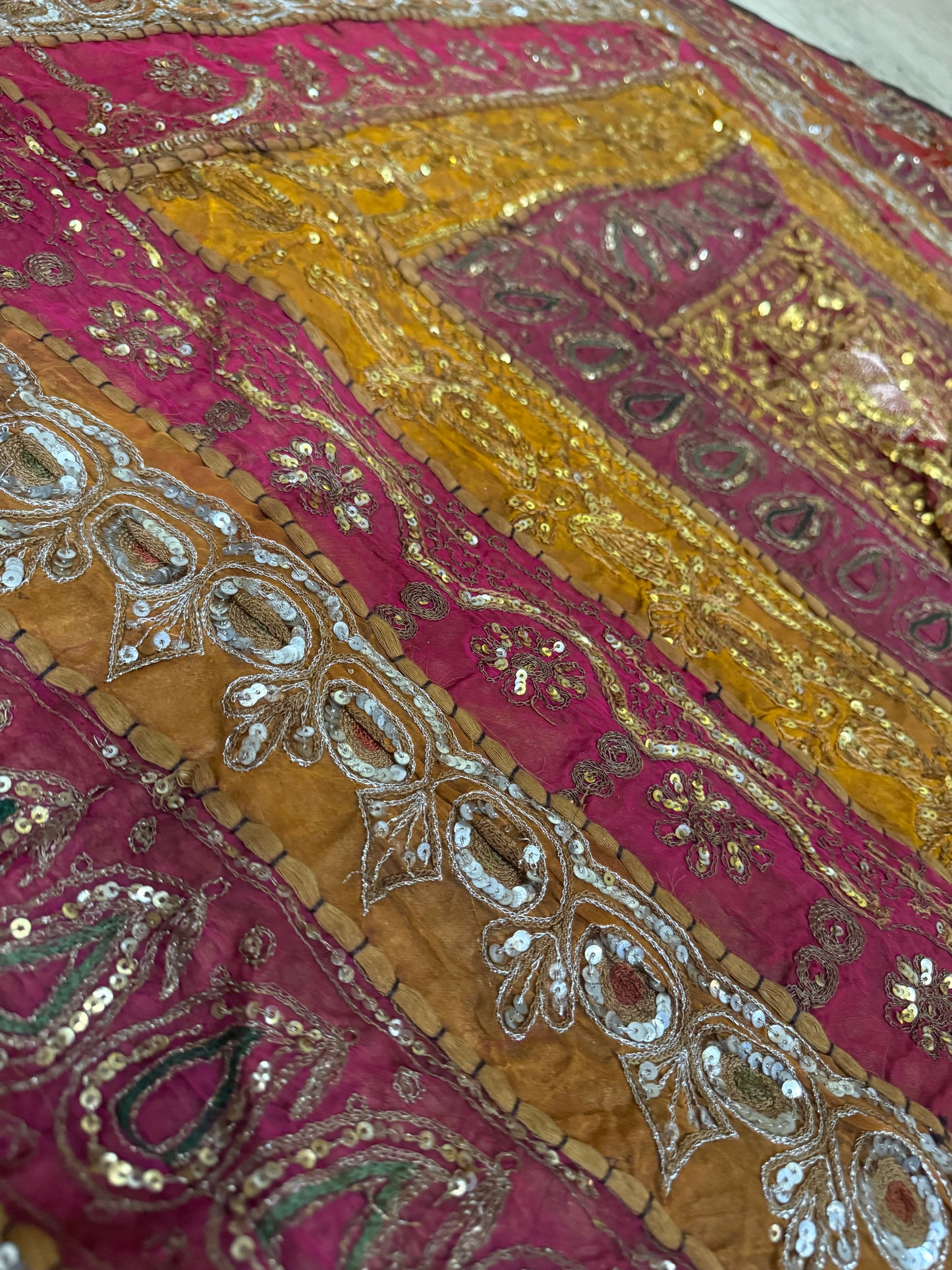 Handmade Embroidered Indian Tapestry Wall Hanging – Vintage Sari Patchwork Zari Mirror Work Boho Decor, Large Multicolor Textile Art 58" x 57" Inch Ethnic Bohemian Home Decoration