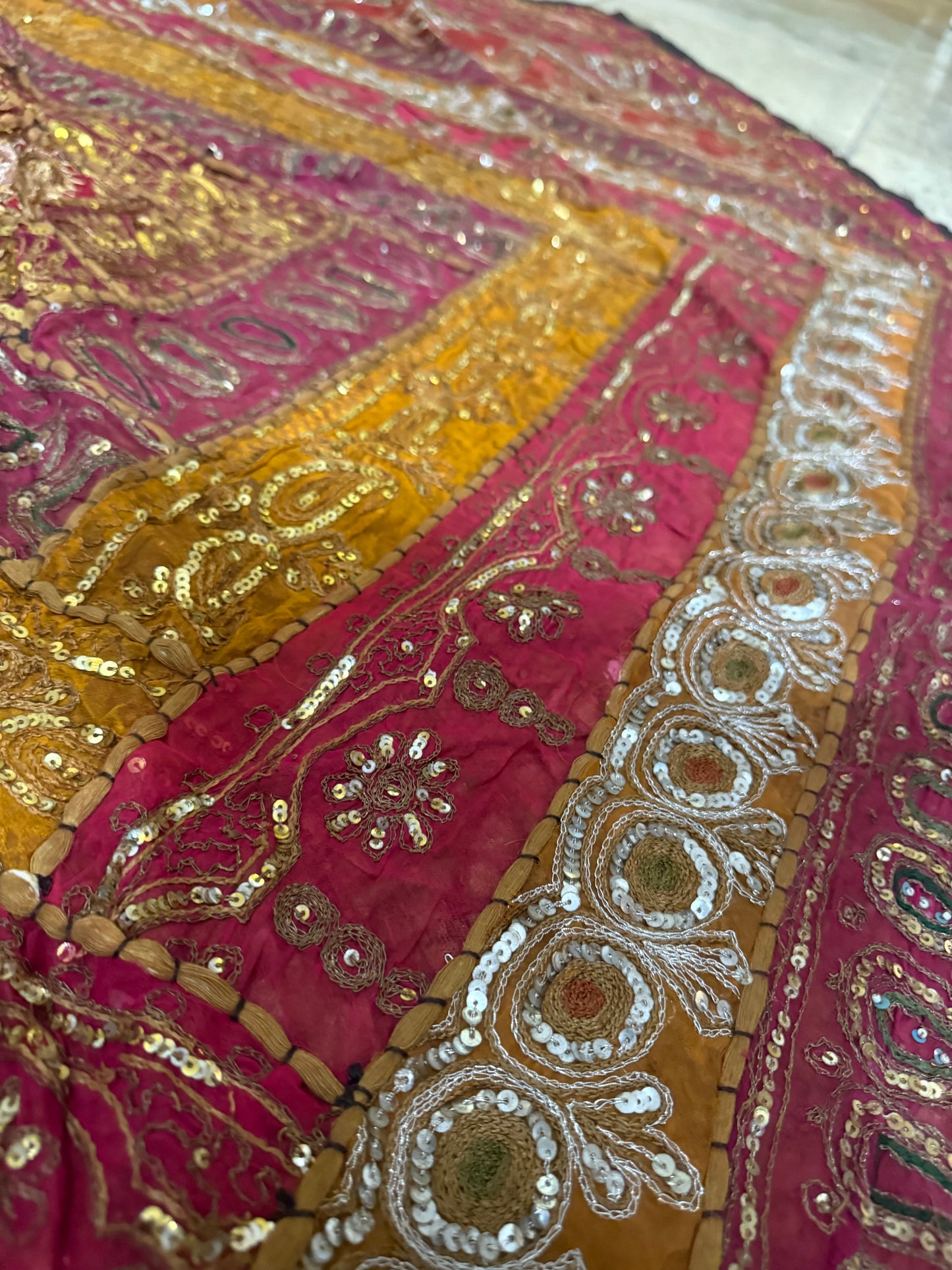 Handmade Embroidered Indian Tapestry Wall Hanging – Vintage Sari Patchwork Zari Mirror Work Boho Decor, Large Multicolor Textile Art 58" x 57" Inch Ethnic Bohemian Home Decoration