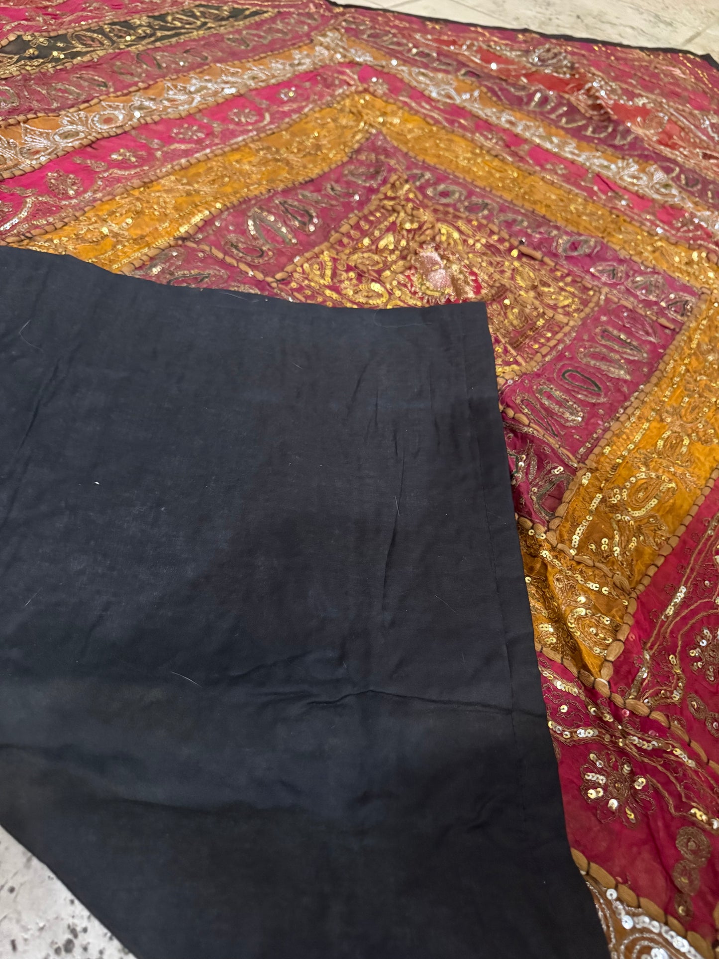 Handmade Embroidered Indian Tapestry Wall Hanging – Vintage Sari Patchwork Zari Mirror Work Boho Decor, Large Multicolor Textile Art 58" x 57" Inch Ethnic Bohemian Home Decoration