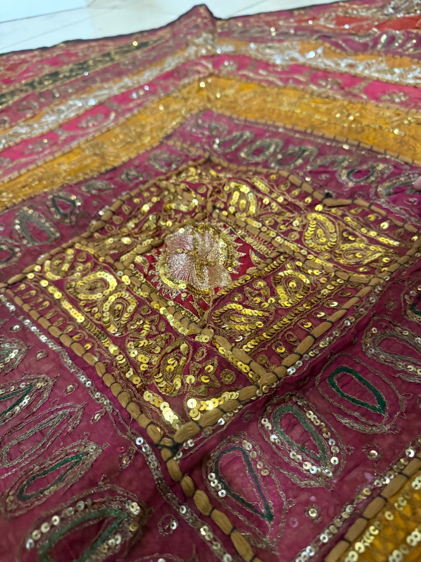 Handmade Embroidered Indian Tapestry Wall Hanging – Vintage Sari Patchwork Zari Mirror Work Boho Decor, Large Multicolor Textile Art 58" x 57" Inch Ethnic Bohemian Home Decoration