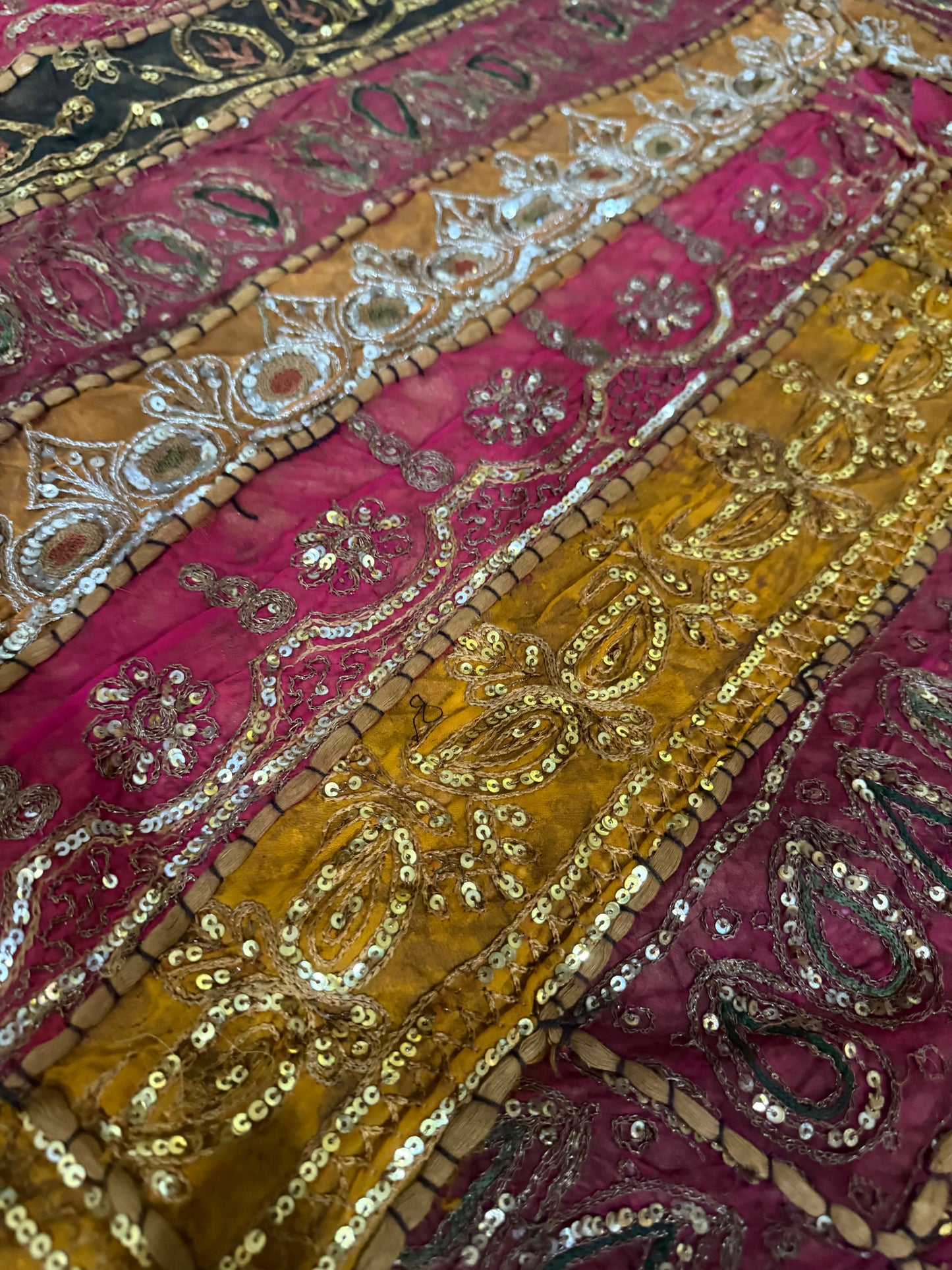 Handmade Embroidered Indian Tapestry Wall Hanging – Vintage Sari Patchwork Zari Mirror Work Boho Decor, Large Multicolor Textile Art 58" x 57" Inch Ethnic Bohemian Home Decoration