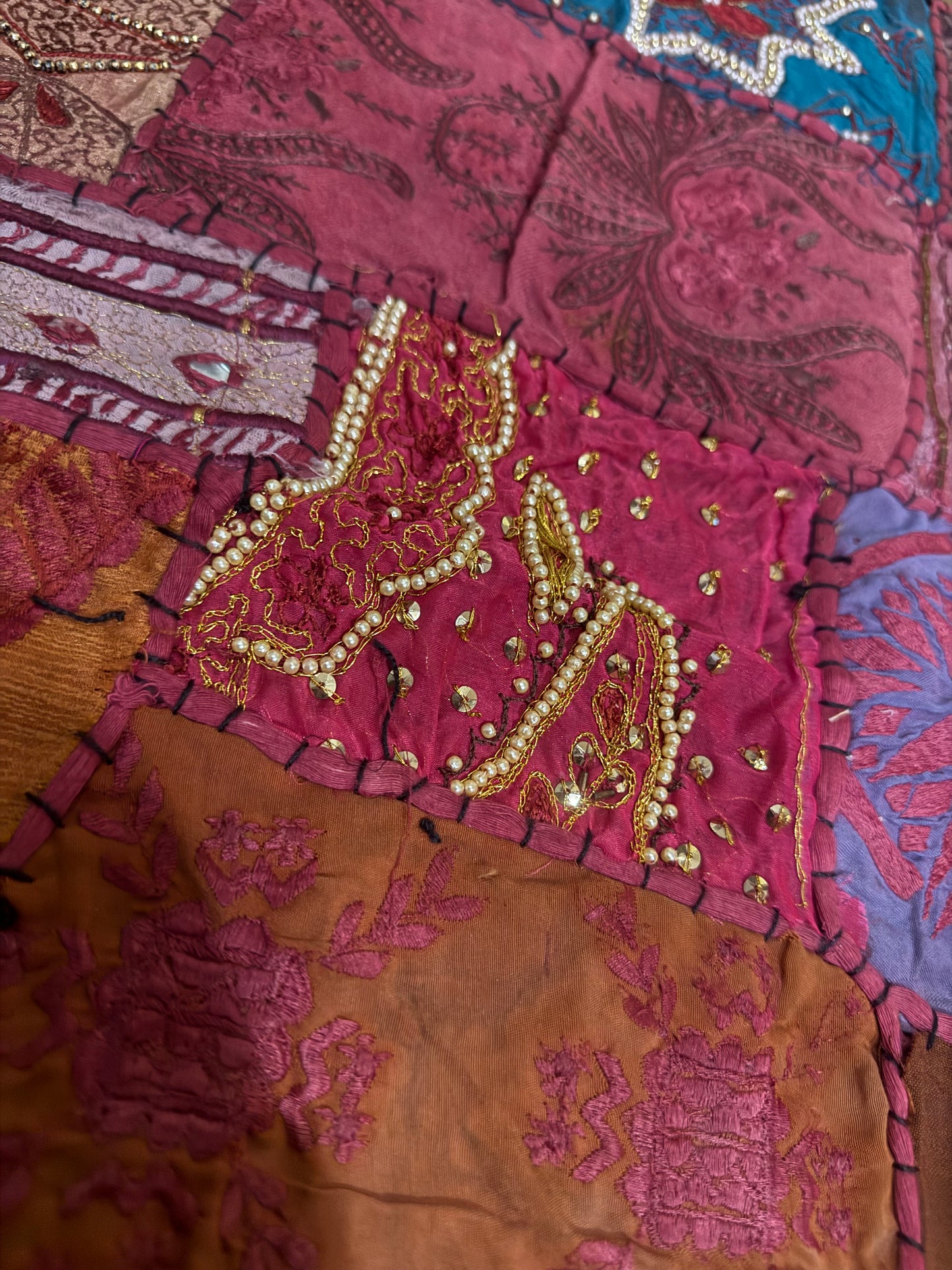 Handmade Embroidered Indian Sari Tapestry – Vintage Zari Patchwork Wall Hanging with Mirror & Sequin Work, Multicolor Boho Ethnic Textile Art Home Décor 59" x 59" Inch Large Square Decoration