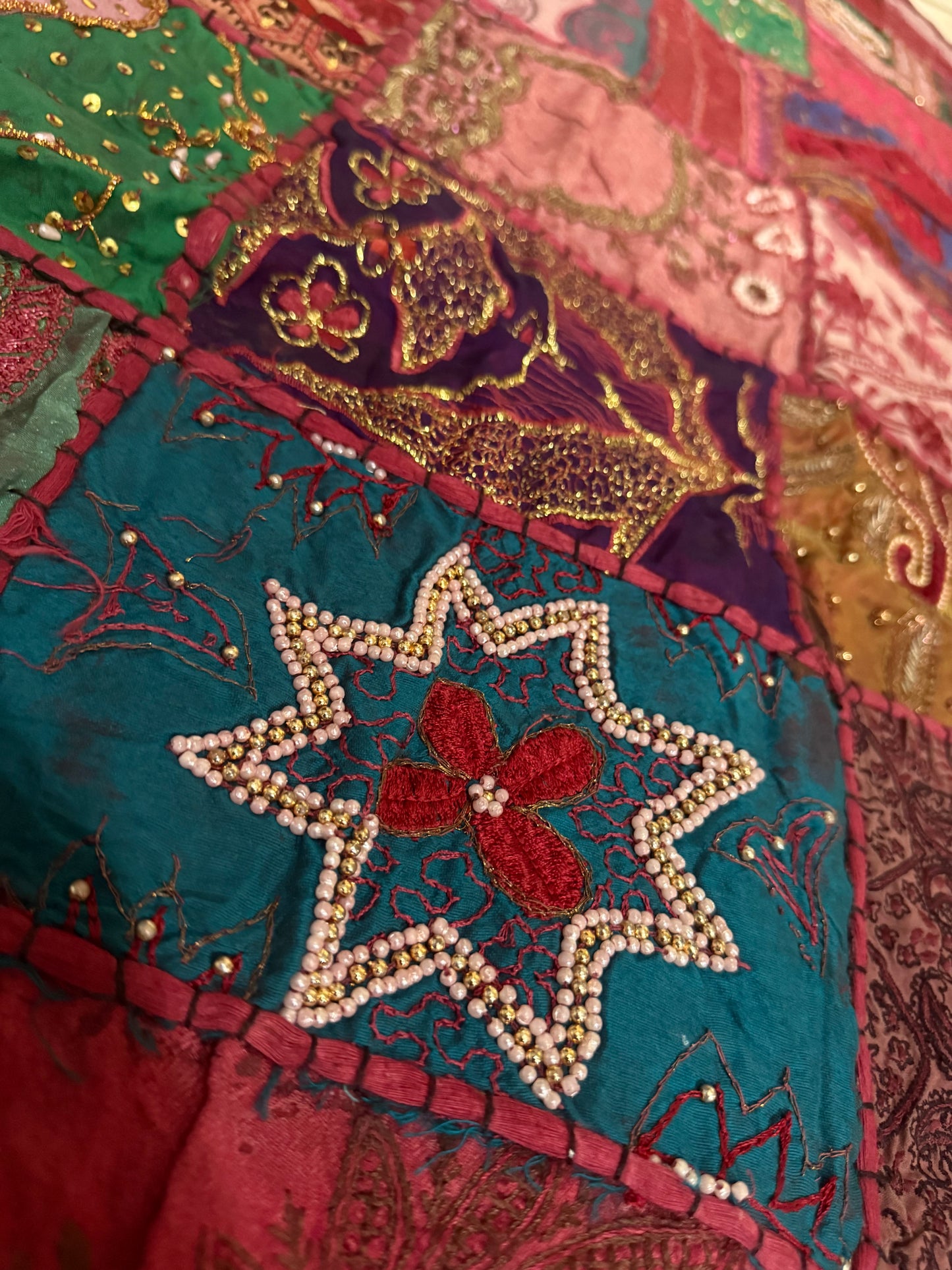 Handmade Embroidered Indian Sari Tapestry – Vintage Zari Patchwork Wall Hanging with Mirror & Sequin Work, Multicolor Boho Ethnic Textile Art Home Décor 59" x 59" Inch Large Square Decoration