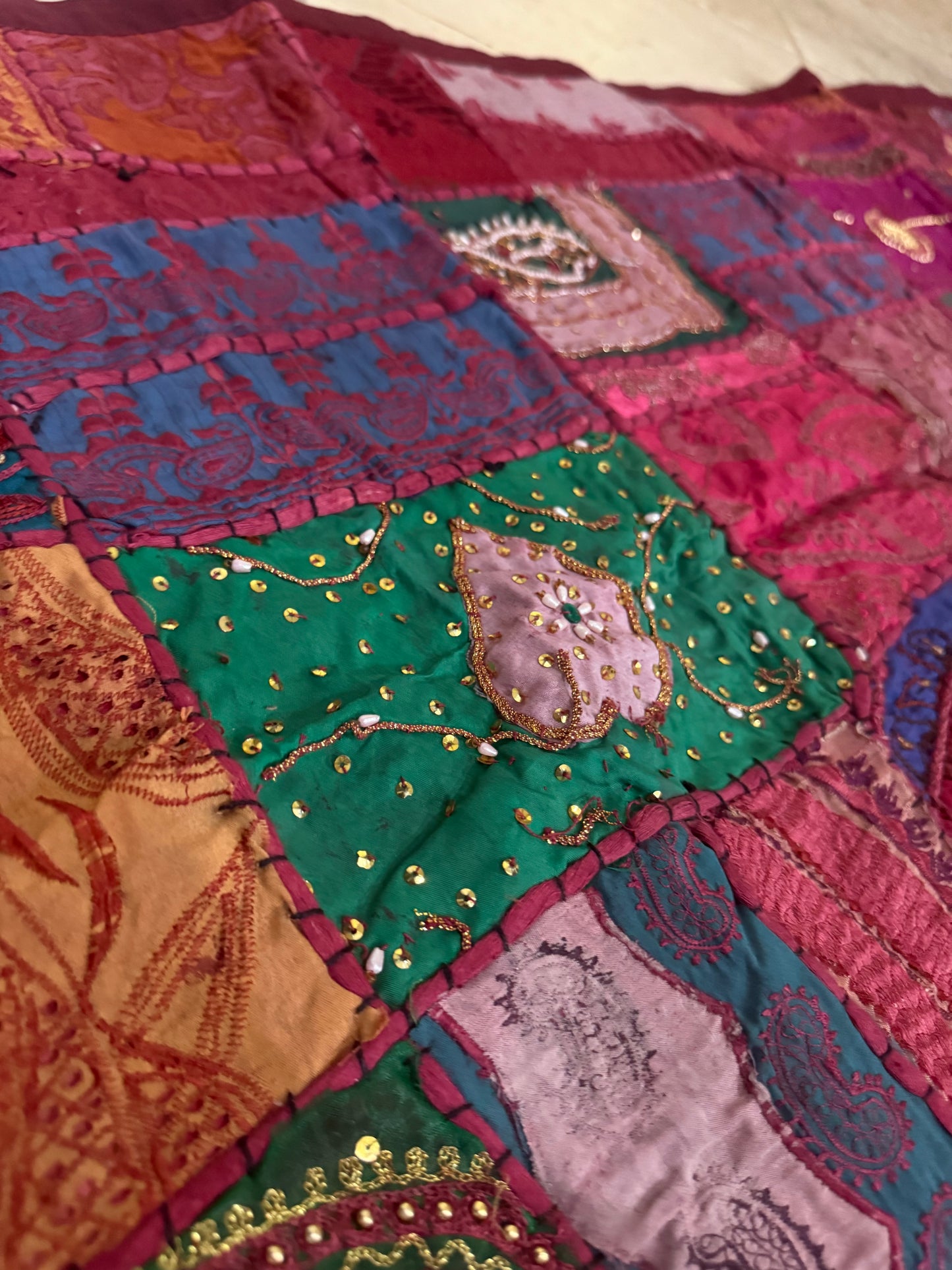 Handmade Embroidered Indian Sari Tapestry – Vintage Zari Patchwork Wall Hanging with Mirror & Sequin Work, Multicolor Boho Ethnic Textile Art Home Décor 59" x 59" Inch Large Square Decoration