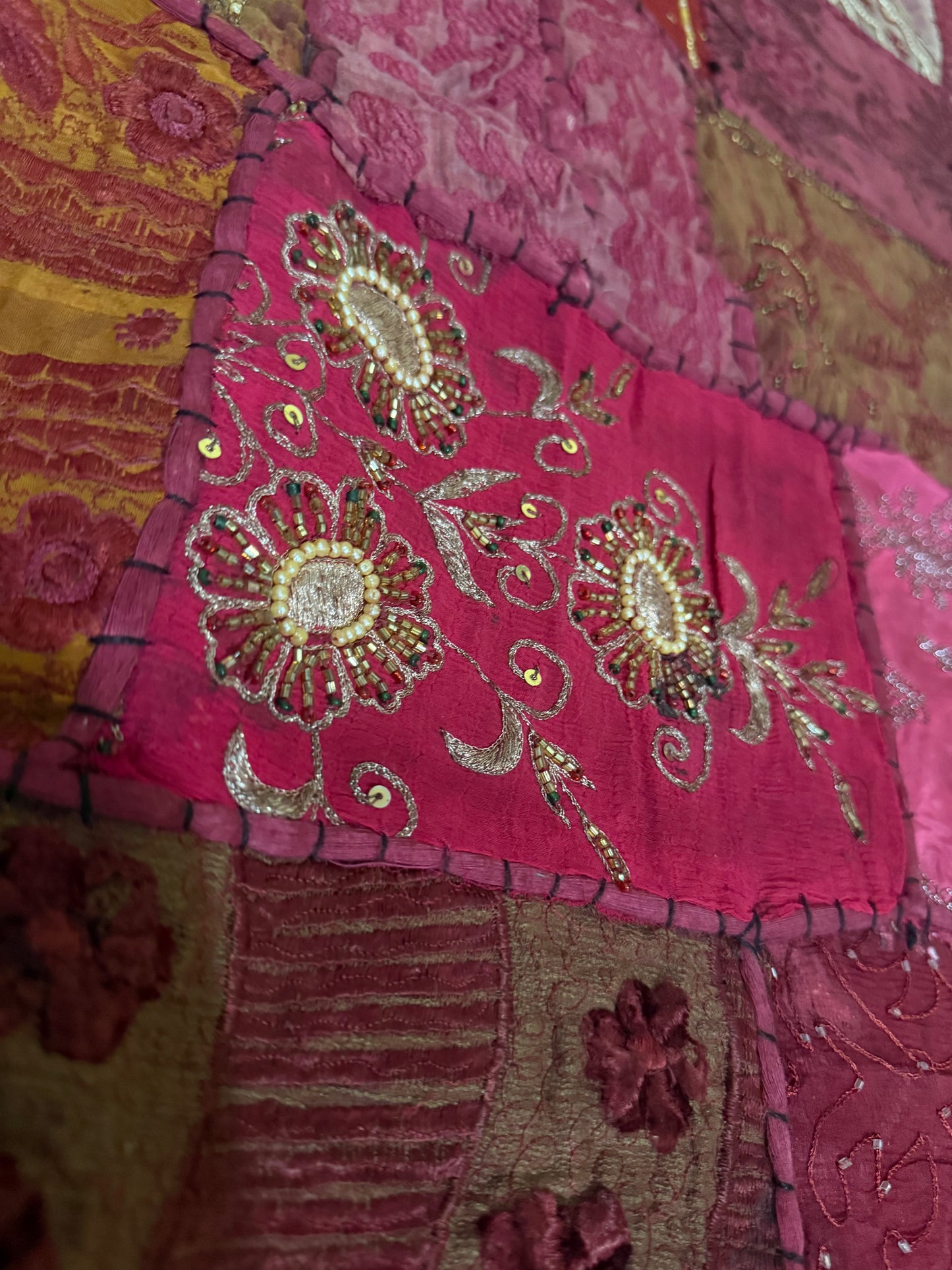 Handmade Embroidered Indian Sari Tapestry – Vintage Zari Patchwork Wall Hanging with Mirror & Sequin Work, Multicolor Boho Ethnic Textile Art Home Décor 59" x 59" Inch Large Square Decoration