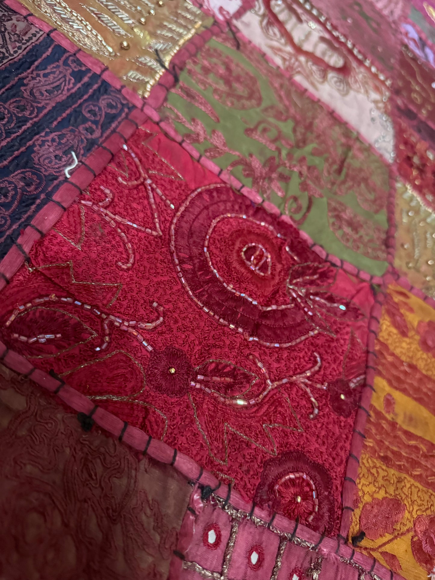 Handmade Embroidered Indian Sari Tapestry – Vintage Zari Patchwork Wall Hanging with Mirror & Sequin Work, Multicolor Boho Ethnic Textile Art Home Décor 59" x 59" Inch Large Square Decoration