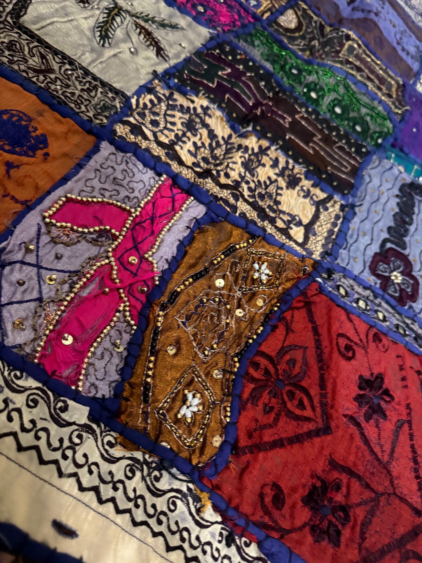 Handmade Embroidered Indian Sari Tapestry – Vintage Zari Patchwork Wall Hanging with Mirror & Sequin Work, Multicolor Boho Ethnic Textile Art Home Décor 59" x 59" Inch Large Square Decoration