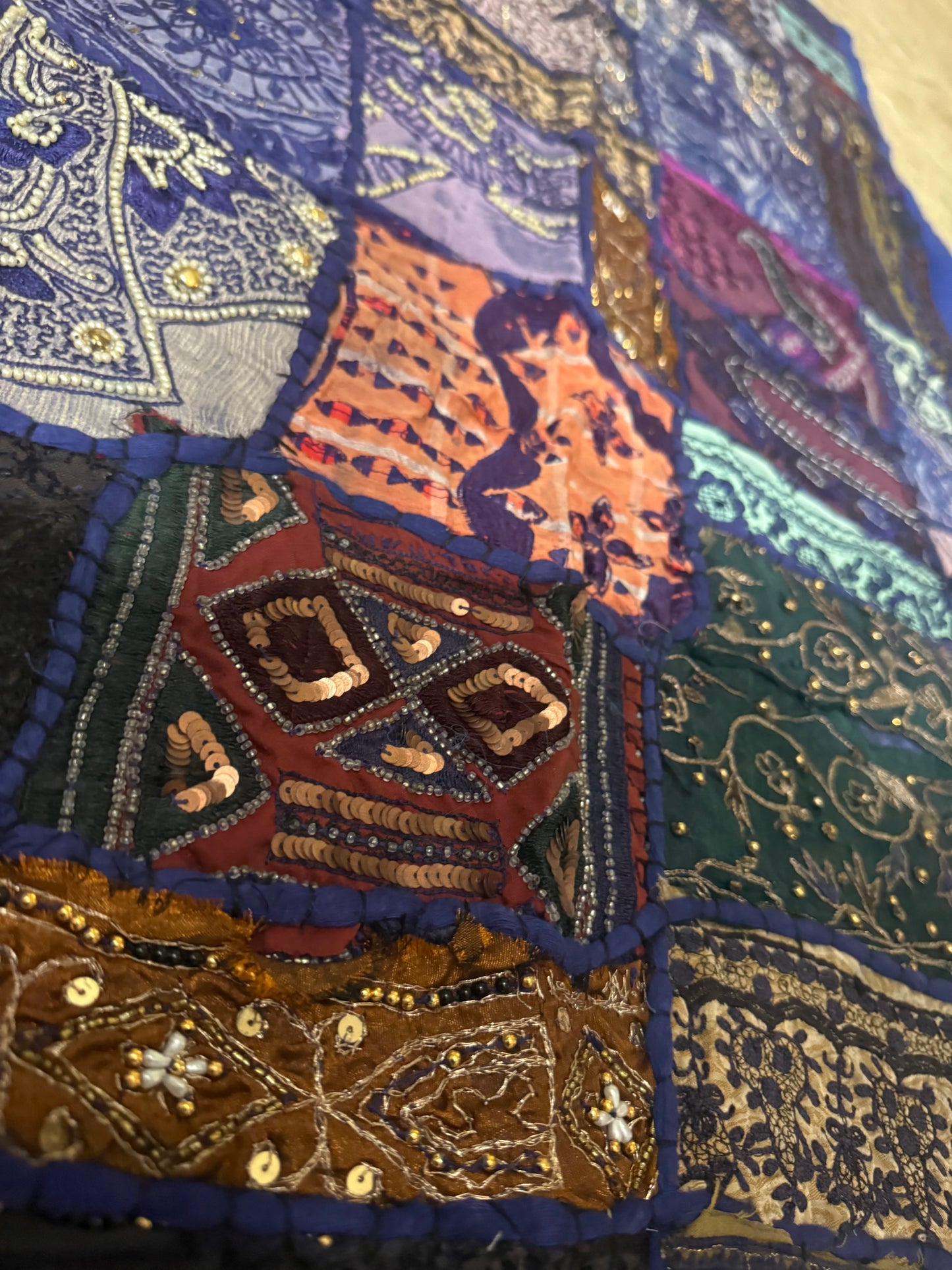 Handmade Embroidered Indian Sari Tapestry – Vintage Zari Patchwork Wall Hanging with Mirror & Sequin Work, Multicolor Boho Ethnic Textile Art Home Décor 59" x 59" Inch Large Square Decoration