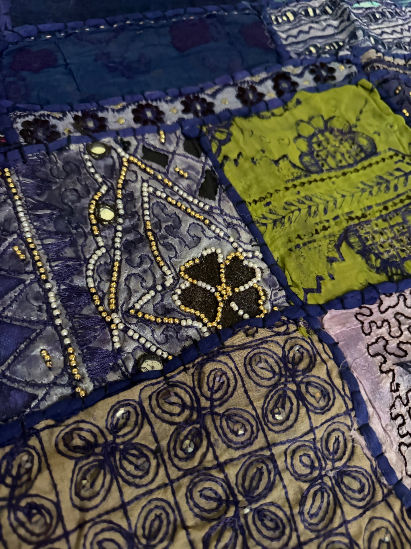 Handmade Embroidered Indian Sari Tapestry – Vintage Zari Patchwork Wall Hanging with Mirror & Sequin Work, Multicolor Boho Ethnic Textile Art Home Décor 59" x 59" Inch Large Square Decoration