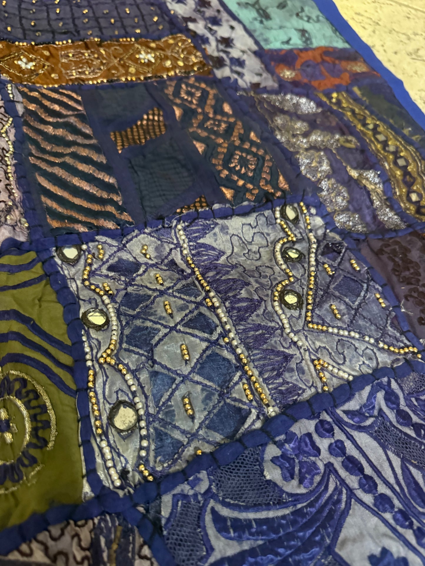 Handmade Embroidered Indian Sari Tapestry – Vintage Zari Patchwork Wall Hanging with Mirror & Sequin Work, Multicolor Boho Ethnic Textile Art Home Décor 59" x 59" Inch Large Square Decoration