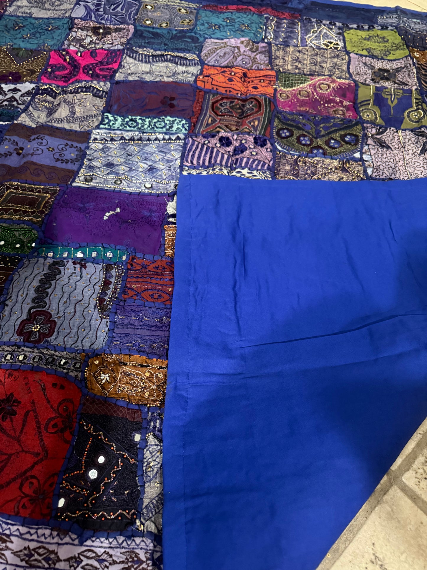 Handmade Embroidered Indian Sari Tapestry – Vintage Zari Patchwork Wall Hanging with Mirror & Sequin Work, Multicolor Boho Ethnic Textile Art Home Décor 59" x 59" Inch Large Square Decoration