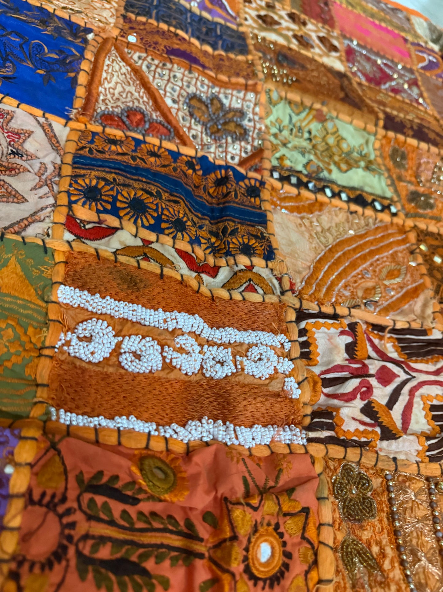 Embroidered Sari Tapestry Wall Hanging: Vintage Indian Zari Work, 58" x 57"