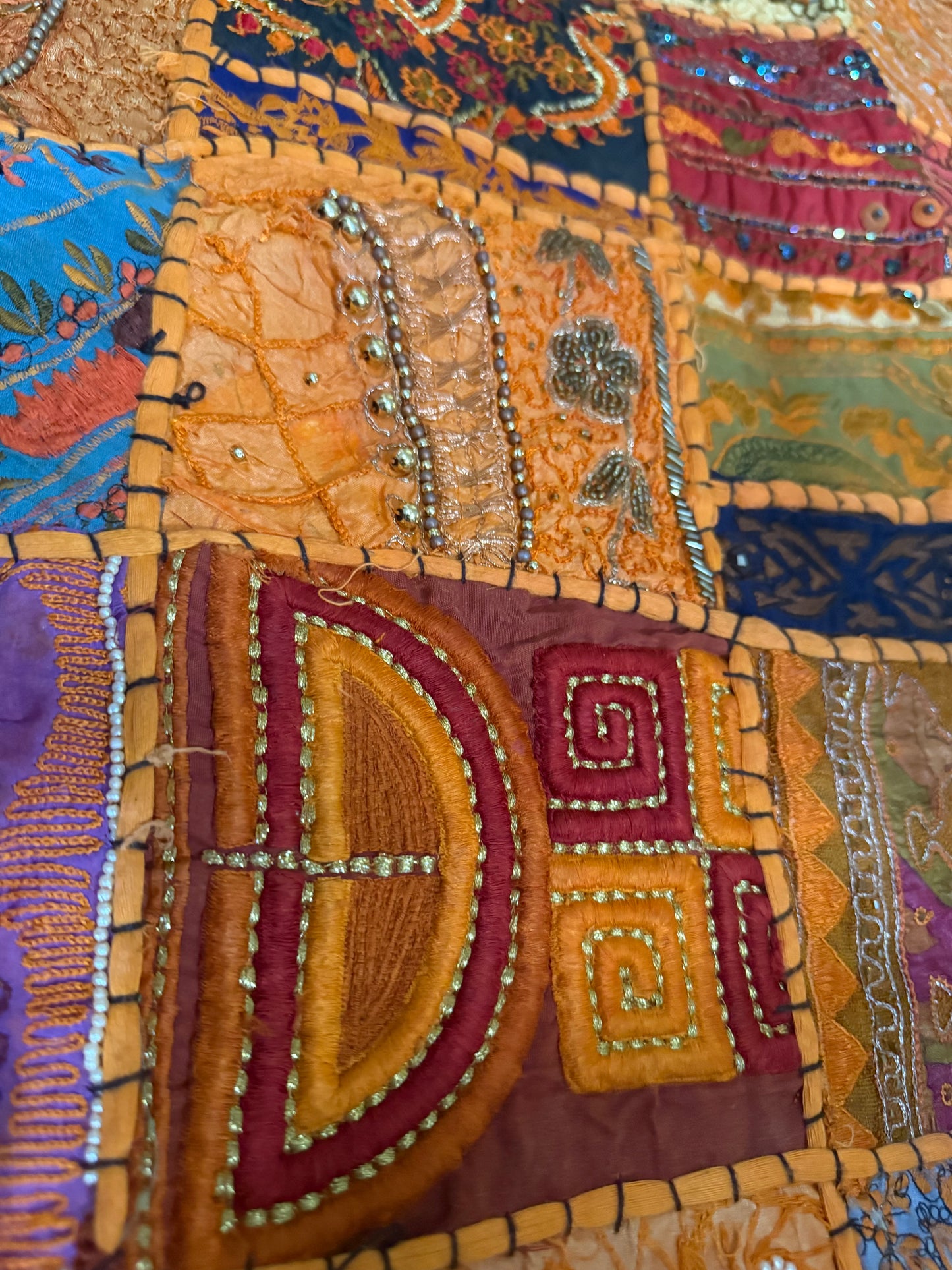 Embroidered Sari Tapestry Wall Hanging: Vintage Indian Zari Work, 58" x 57"