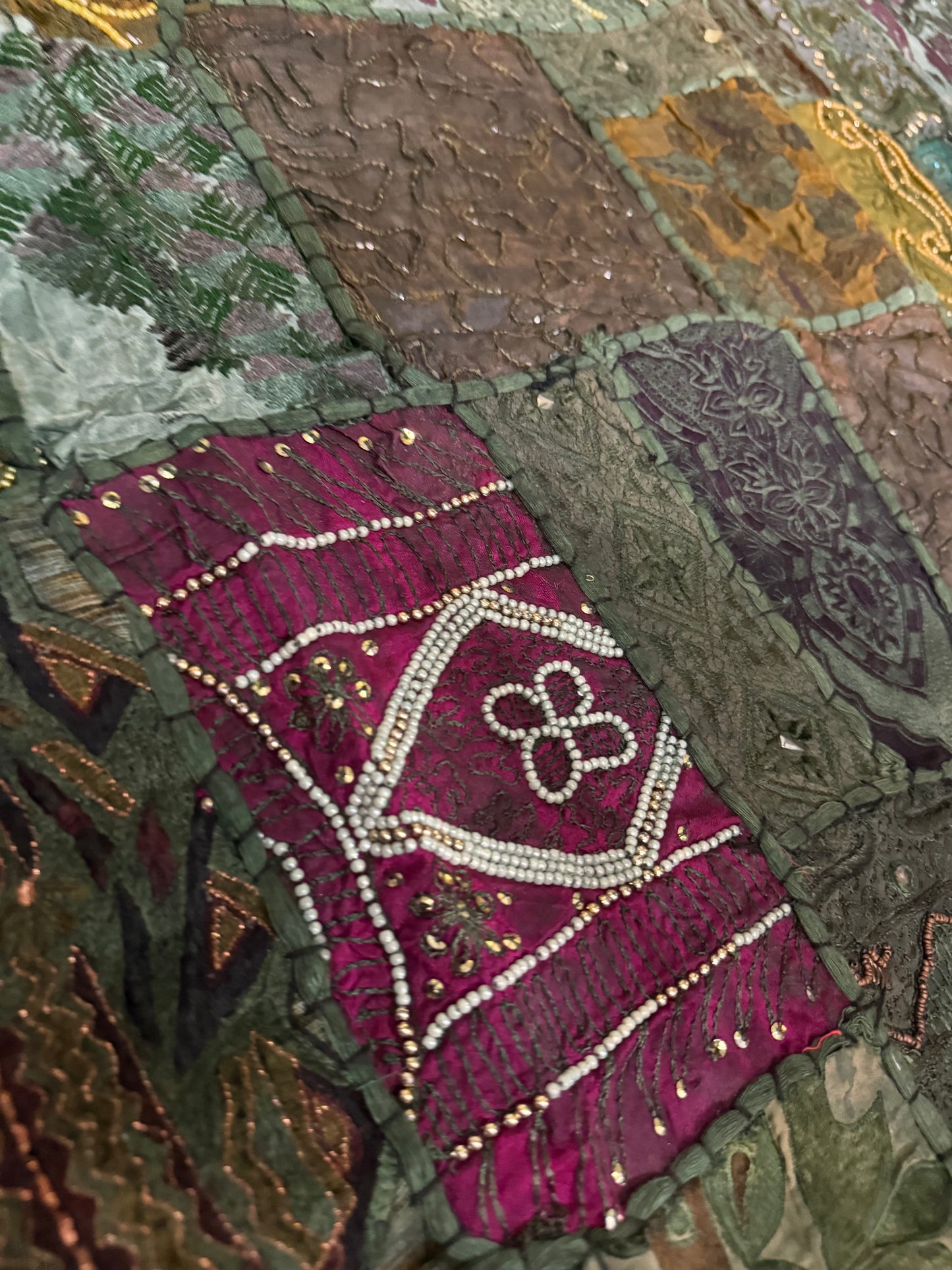 Handmade Embroidered Sari Tapestry Wall Hanging – Vintage Indian Patchwork with Zari, Mirror & Sequin Work, Large Multicolor Boho Decor Textile Art 77" x 74" Inch for Living Room or Bedroom