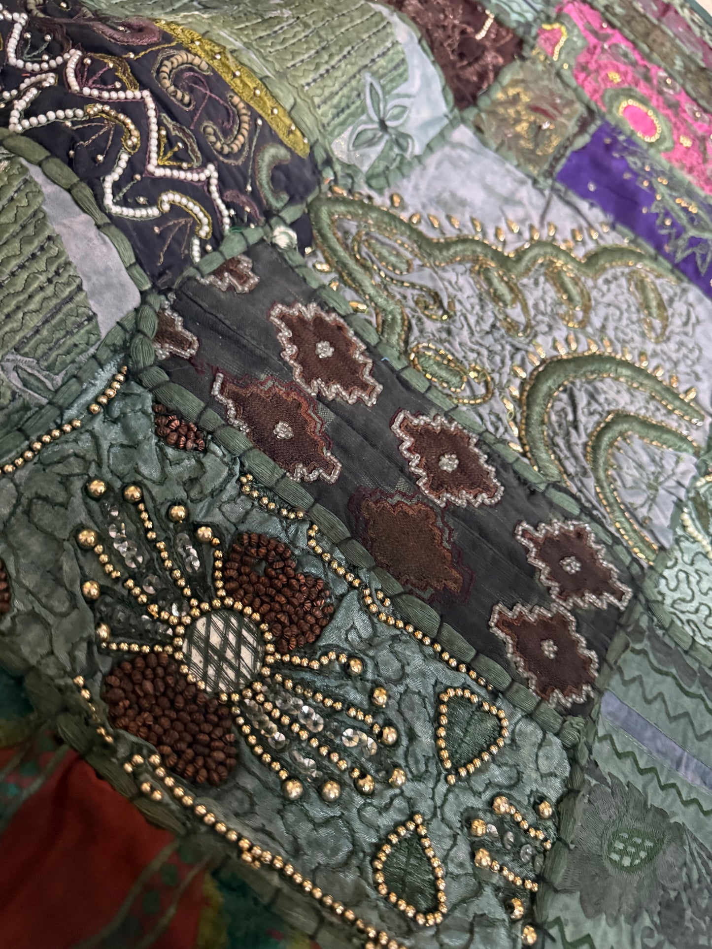 Handmade Embroidered Sari Tapestry Wall Hanging – Vintage Indian Patchwork with Zari, Mirror & Sequin Work, Large Multicolor Boho Decor Textile Art 77" x 74" Inch for Living Room or Bedroom