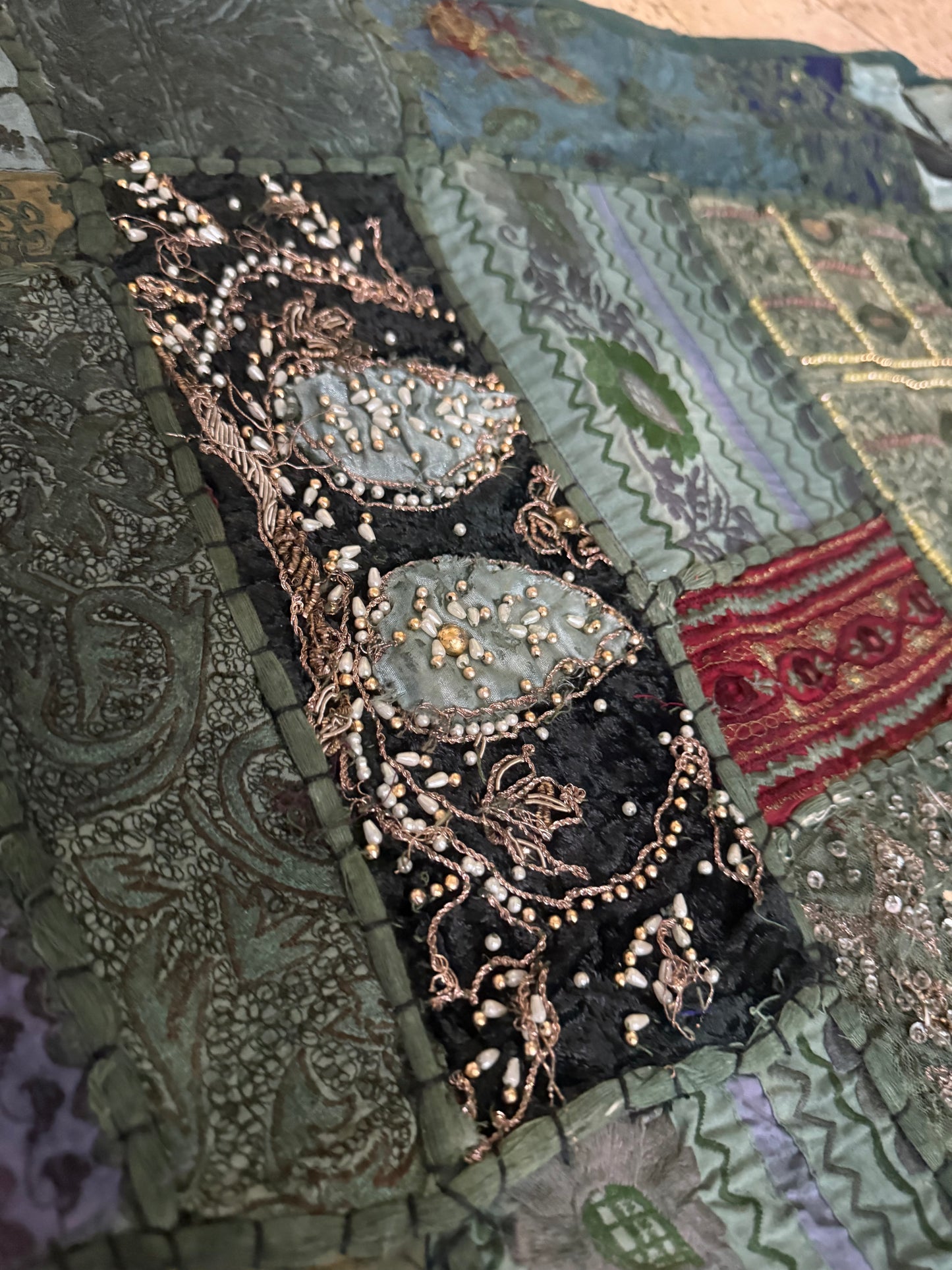 Handmade Embroidered Sari Tapestry Wall Hanging – Vintage Indian Patchwork with Zari, Mirror & Sequin Work, Large Multicolor Boho Decor Textile Art 77" x 74" Inch for Living Room or Bedroom