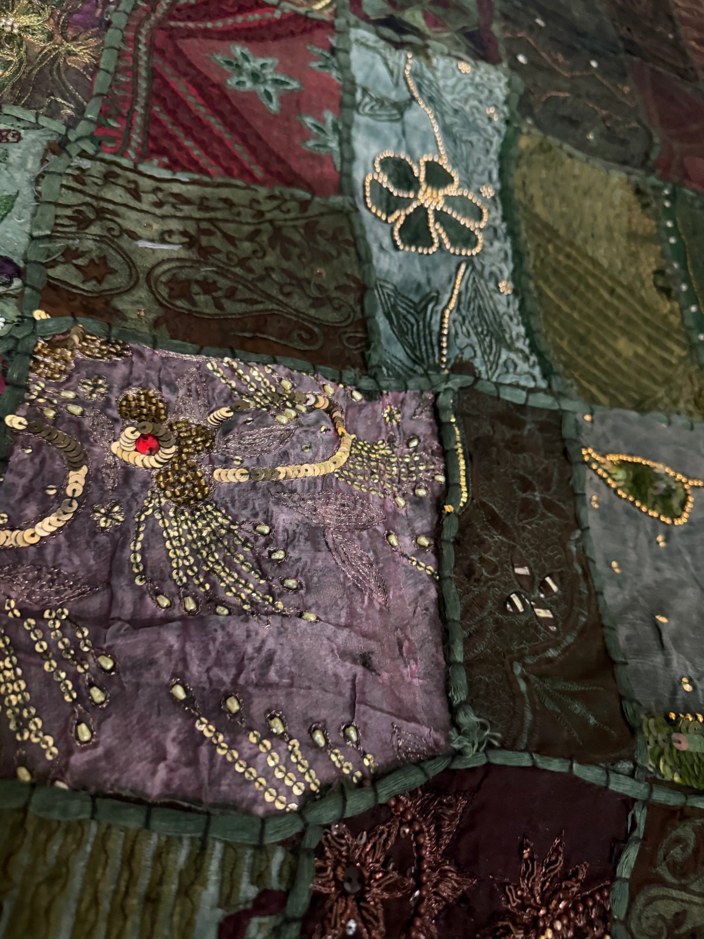 Handmade Embroidered Sari Tapestry Wall Hanging – Vintage Indian Patchwork with Zari, Mirror & Sequin Work, Large Multicolor Boho Decor Textile Art 77" x 74" Inch for Living Room or Bedroom