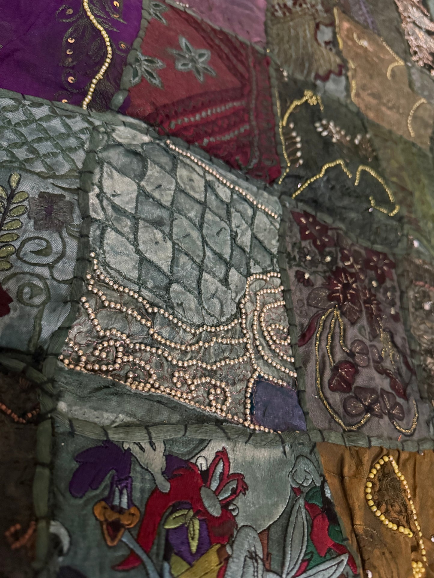 Handmade Embroidered Sari Tapestry Wall Hanging – Vintage Indian Patchwork with Zari, Mirror & Sequin Work, Large Multicolor Boho Decor Textile Art 77" x 74" Inch for Living Room or Bedroom