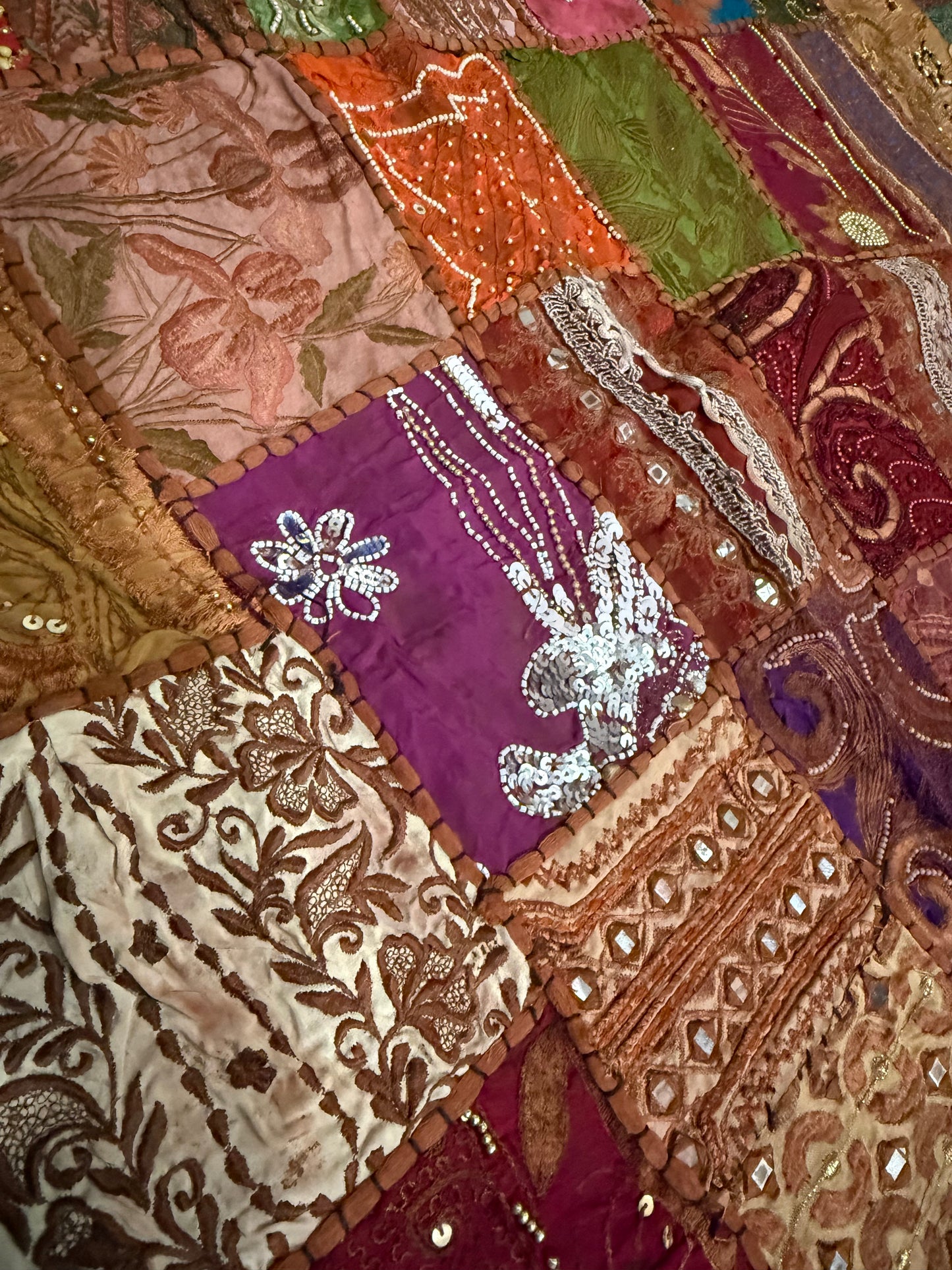 Handmade Embroidered Indian Tapestry Wall Hanging – Vintage Sari Patchwork Zari Mirror Work Boho Decor, Large Multicolor Textile Art 78" x 75" Inch Ethnic Bohemian Home Decoration