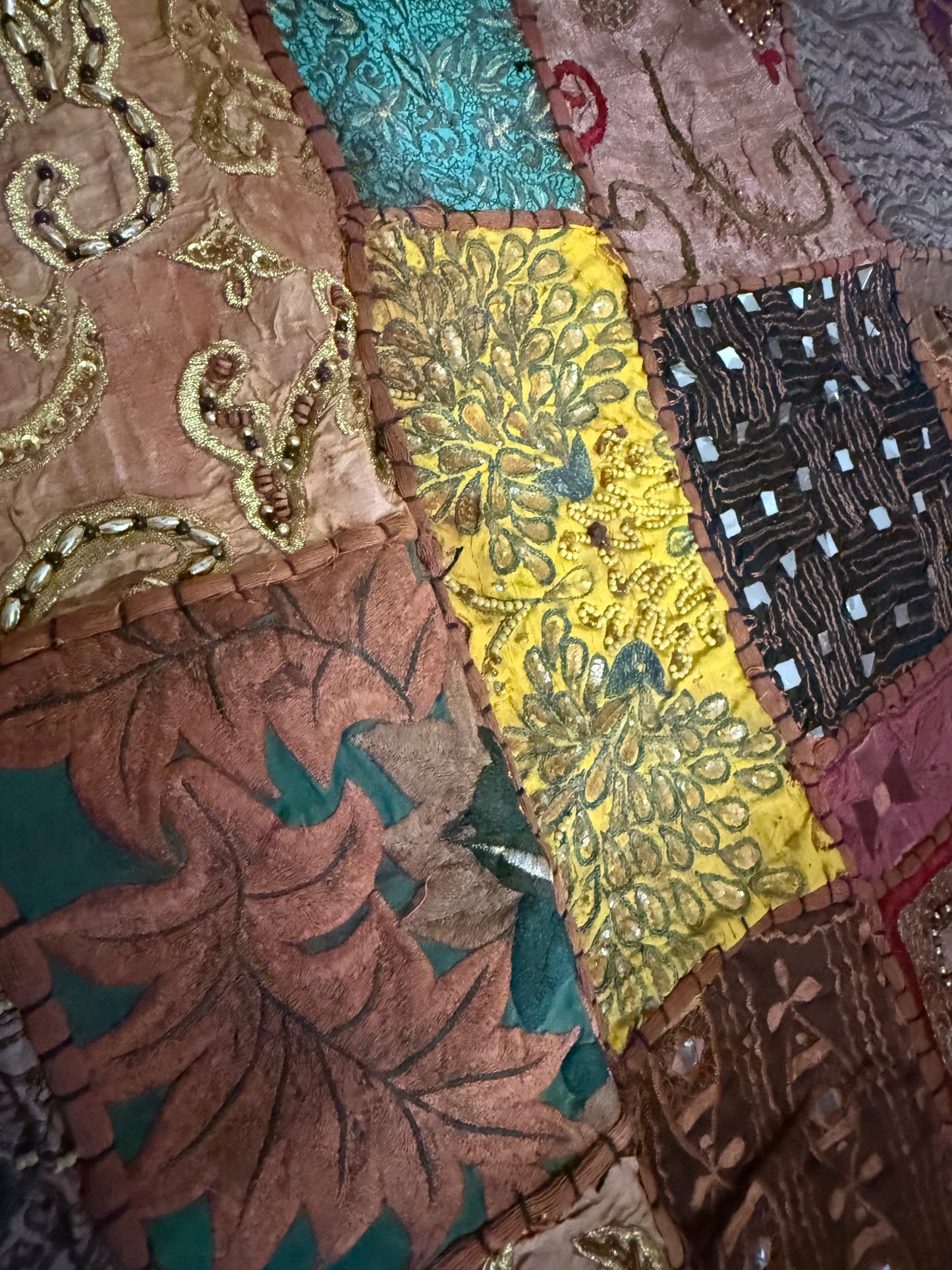 Handmade Embroidered Indian Tapestry Wall Hanging – Vintage Sari Patchwork Zari Mirror Work Boho Decor, Large Multicolor Textile Art 78" x 75" Inch Ethnic Bohemian Home Decoration