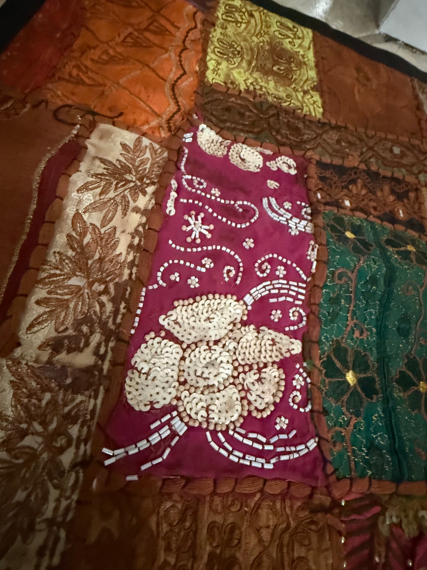 Handmade Embroidered Indian Tapestry Wall Hanging – Vintage Sari Patchwork Zari Mirror Work Boho Decor, Large Multicolor Textile Art 78" x 75" Inch Ethnic Bohemian Home Decoration