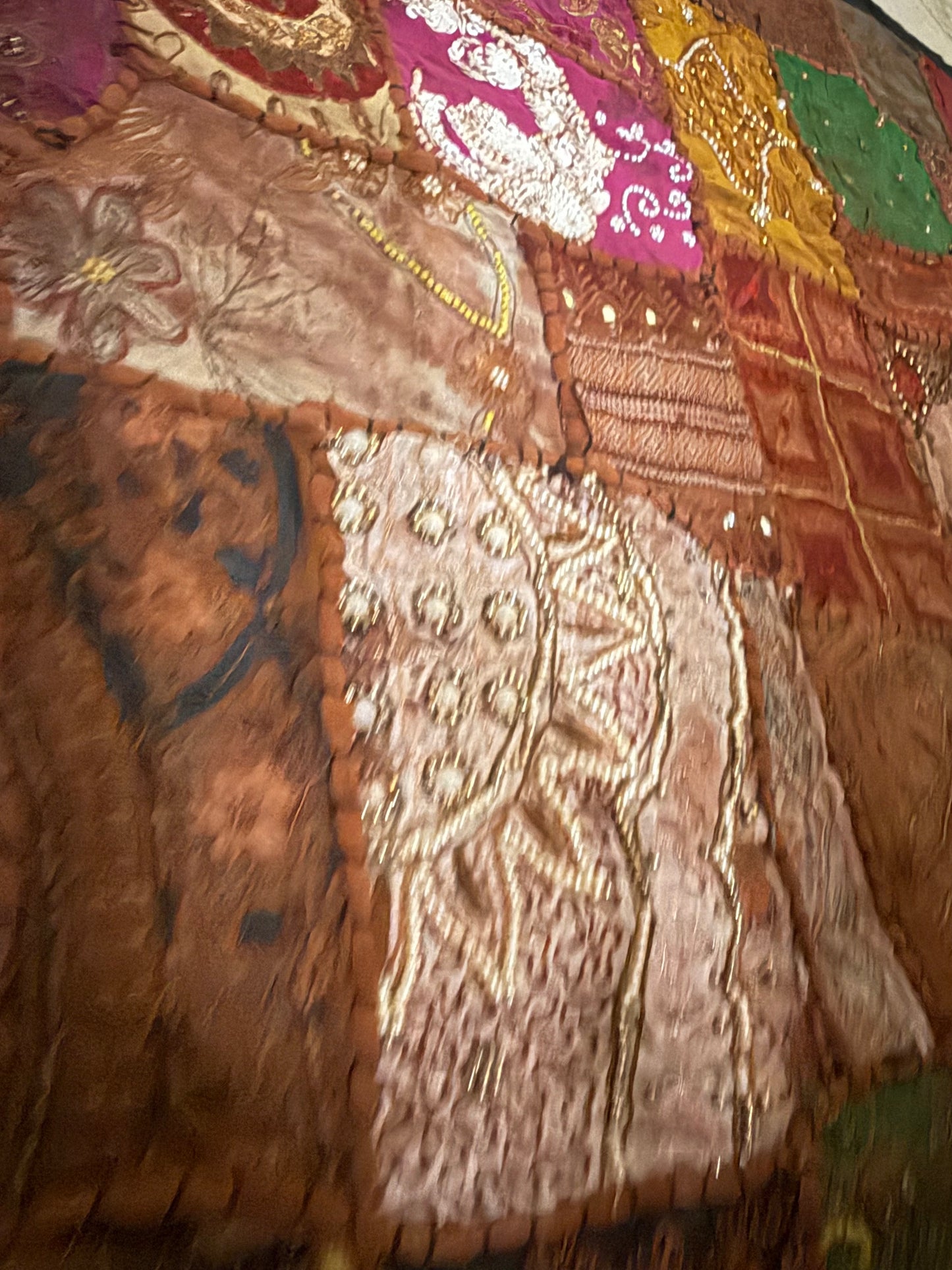 Handmade Embroidered Indian Tapestry Wall Hanging – Vintage Sari Patchwork Zari Mirror Work Boho Decor, Large Multicolor Textile Art 78" x 75" Inch Ethnic Bohemian Home Decoration