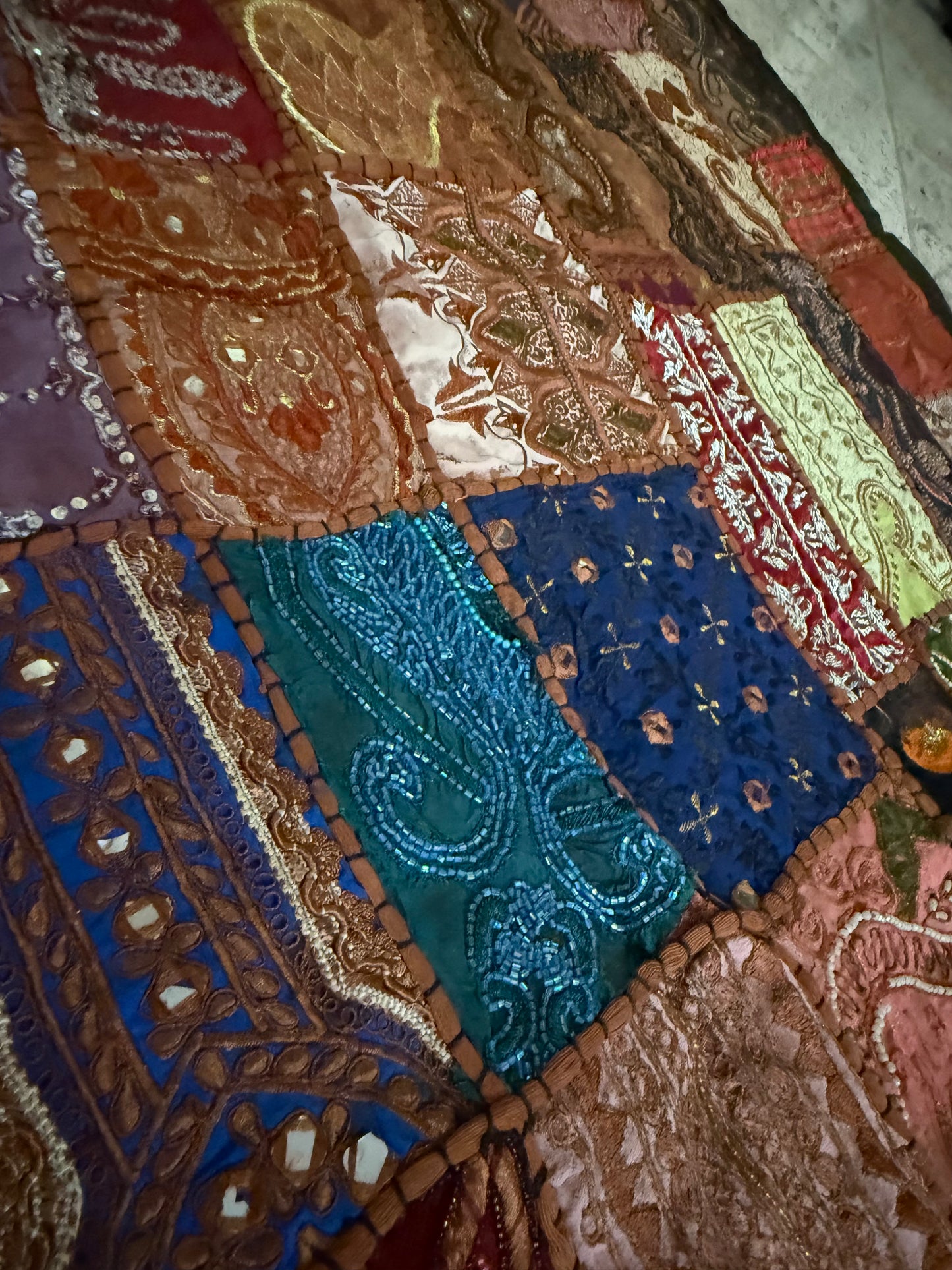 Handmade Embroidered Indian Tapestry Wall Hanging – Vintage Sari Patchwork Zari Mirror Work Boho Decor, Large Multicolor Textile Art 78" x 75" Inch Ethnic Bohemian Home Decoration