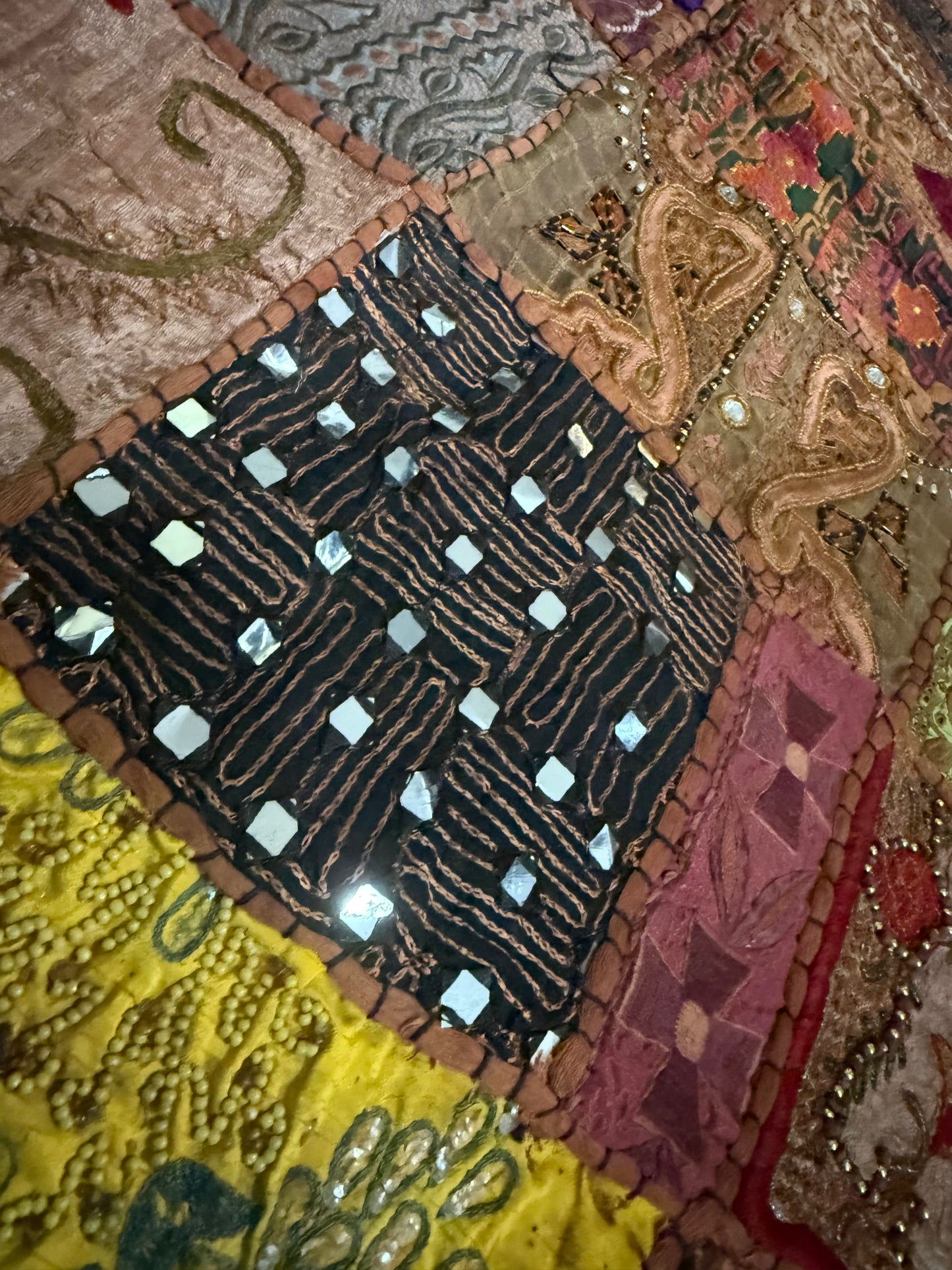 Handmade Embroidered Indian Tapestry Wall Hanging – Vintage Sari Patchwork Zari Mirror Work Boho Decor, Large Multicolor Textile Art 78" x 75" Inch Ethnic Bohemian Home Decoration