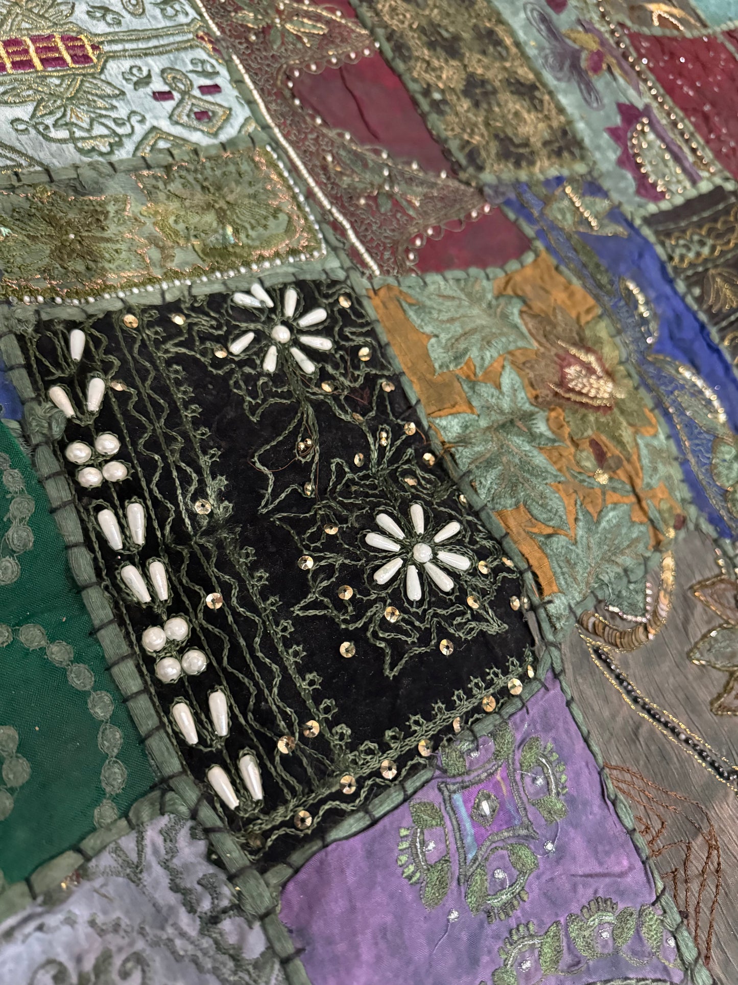 Handmade Embroidered Sari Tapestry Wall Hanging – Vintage Indian Patchwork with Zari, Mirror & Sequin Work, Large Multicolor Boho Decor Textile Art 77" x 76" Inch for Living Room or Bedroom