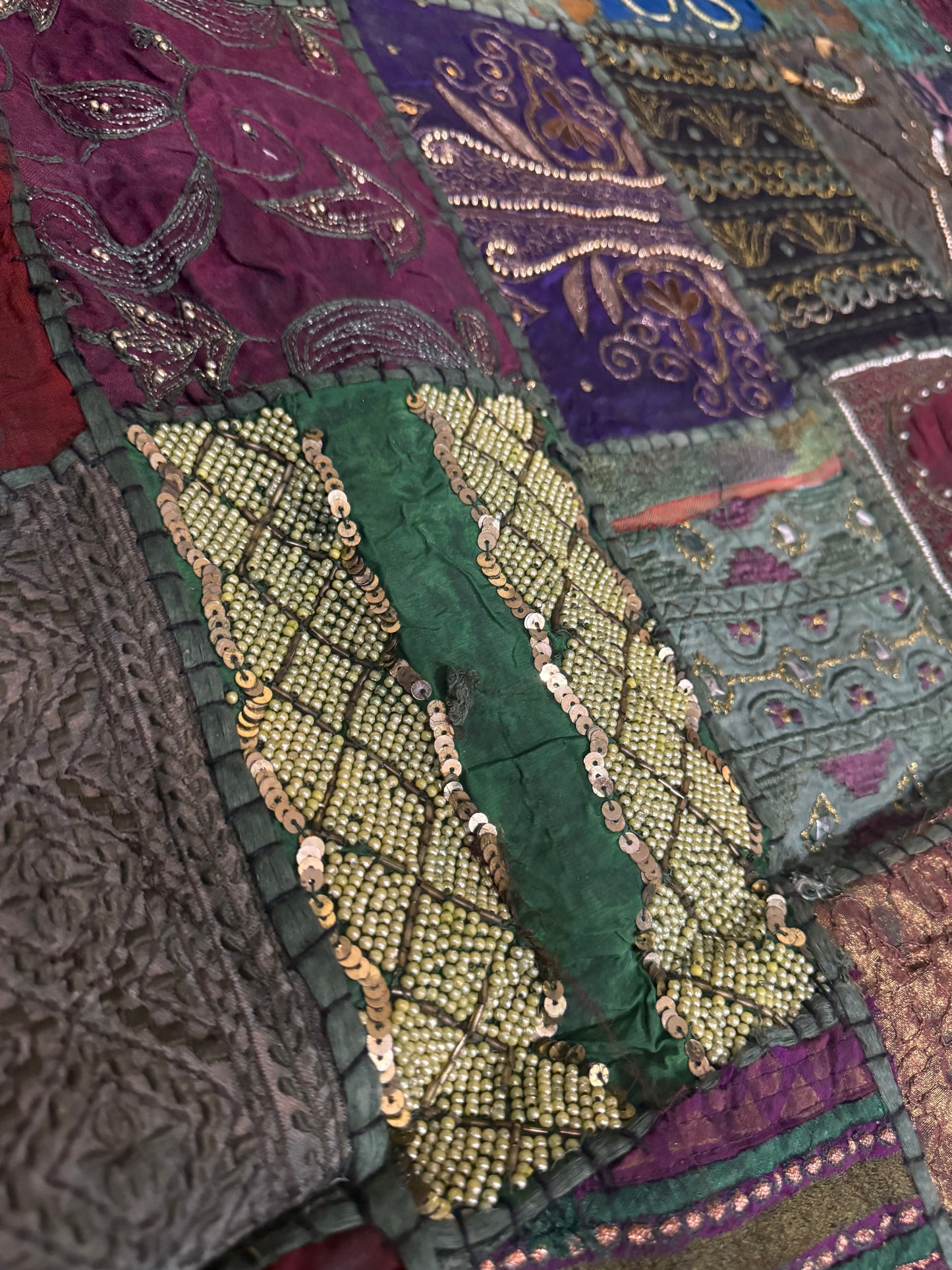 Handmade Embroidered Sari Tapestry Wall Hanging – Vintage Indian Patchwork with Zari, Mirror & Sequin Work, Large Multicolor Boho Decor Textile Art 77" x 76" Inch for Living Room or Bedroom