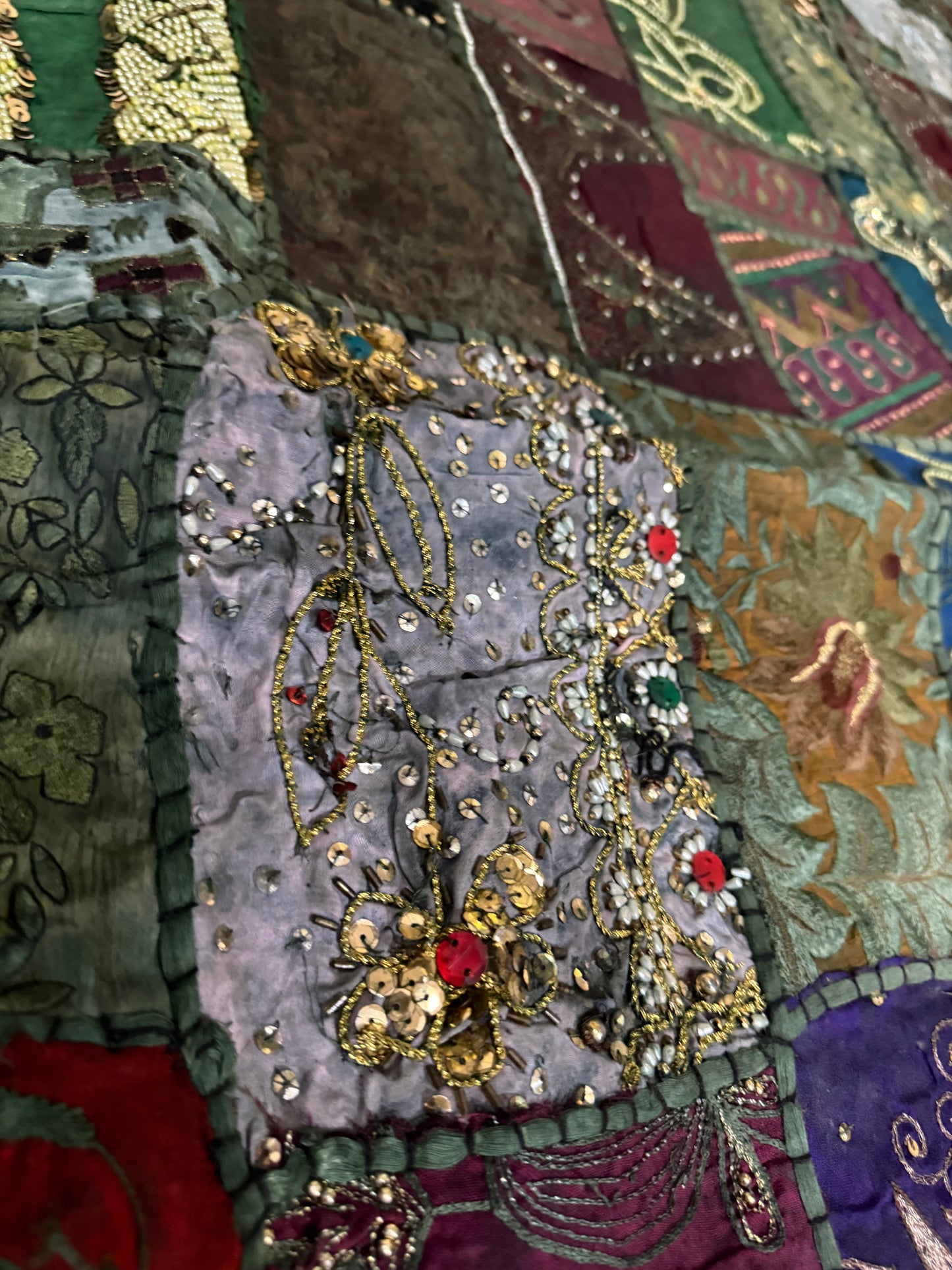 Handmade Embroidered Sari Tapestry Wall Hanging – Vintage Indian Patchwork with Zari, Mirror & Sequin Work, Large Multicolor Boho Decor Textile Art 77" x 76" Inch for Living Room or Bedroom