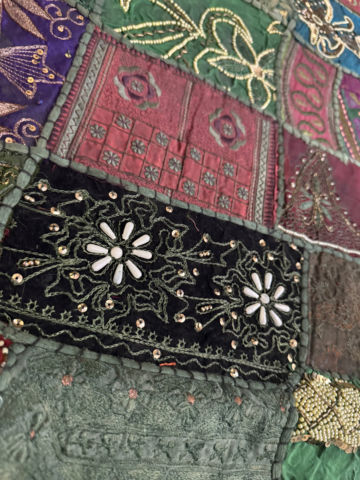 Handmade Embroidered Sari Tapestry Wall Hanging – Vintage Indian Patchwork with Zari, Mirror & Sequin Work, Large Multicolor Boho Decor Textile Art 77" x 76" Inch for Living Room or Bedroom