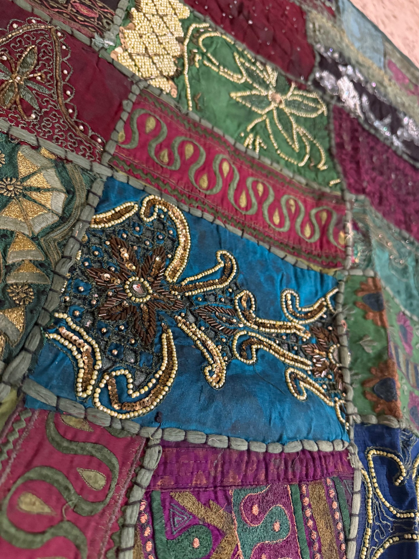 Handmade Embroidered Sari Tapestry Wall Hanging – Vintage Indian Patchwork with Zari, Mirror & Sequin Work, Large Multicolor Boho Decor Textile Art 77" x 76" Inch for Living Room or Bedroom