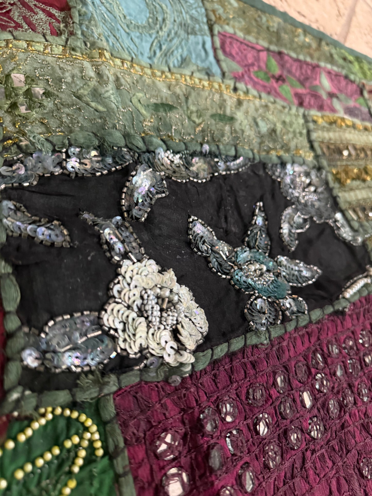 Handmade Embroidered Sari Tapestry Wall Hanging – Vintage Indian Patchwork with Zari, Mirror & Sequin Work, Large Multicolor Boho Decor Textile Art 77" x 76" Inch for Living Room or Bedroom