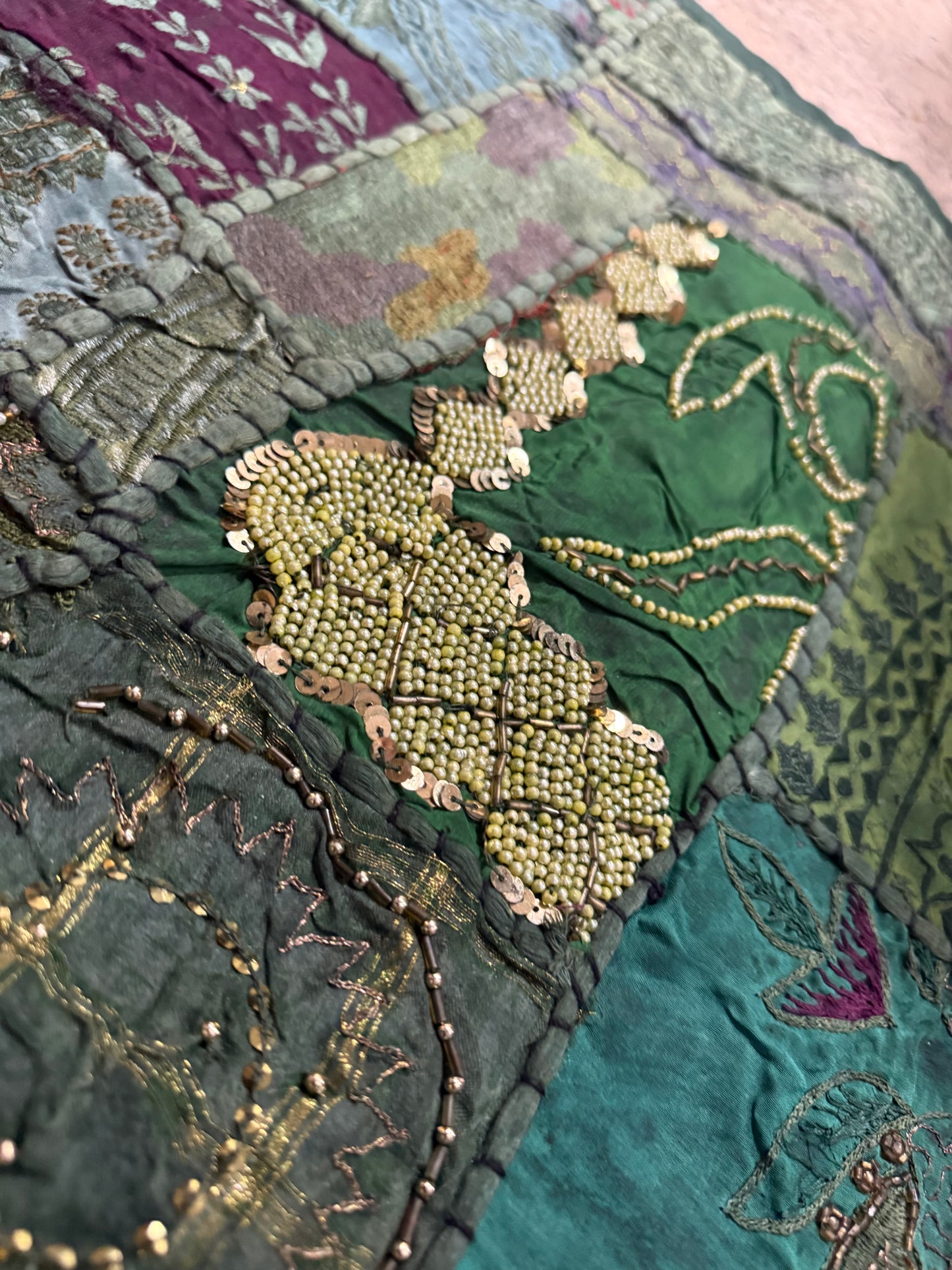 Handmade Embroidered Sari Tapestry Wall Hanging – Vintage Indian Patchwork with Zari, Mirror & Sequin Work, Large Multicolor Boho Decor Textile Art 77" x 76" Inch for Living Room or Bedroom