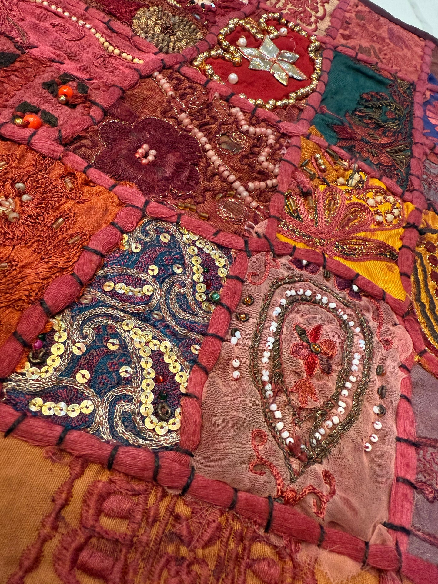 Handmade Indian Patchwork Cushion Cover – 16x16 Inch Red Boho Tapestry Pillow Burgundy Beaded Tapestry Pillow Cover: Vintage Indian Embroidered Cushion #16