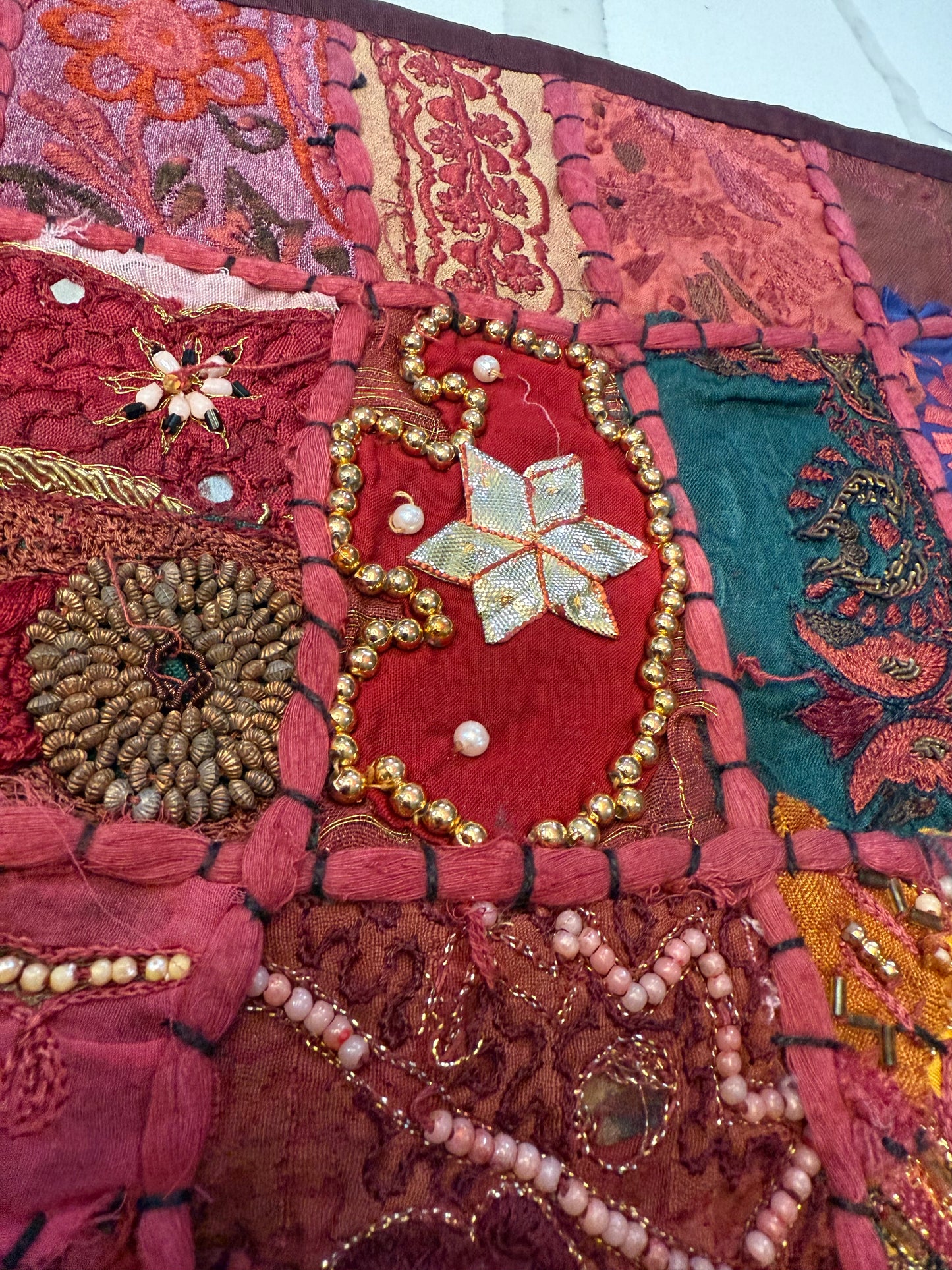 Handmade Indian Patchwork Cushion Cover – 16x16 Inch Red Boho Tapestry Pillow Burgundy Beaded Tapestry Pillow Cover: Vintage Indian Embroidered Cushion #16