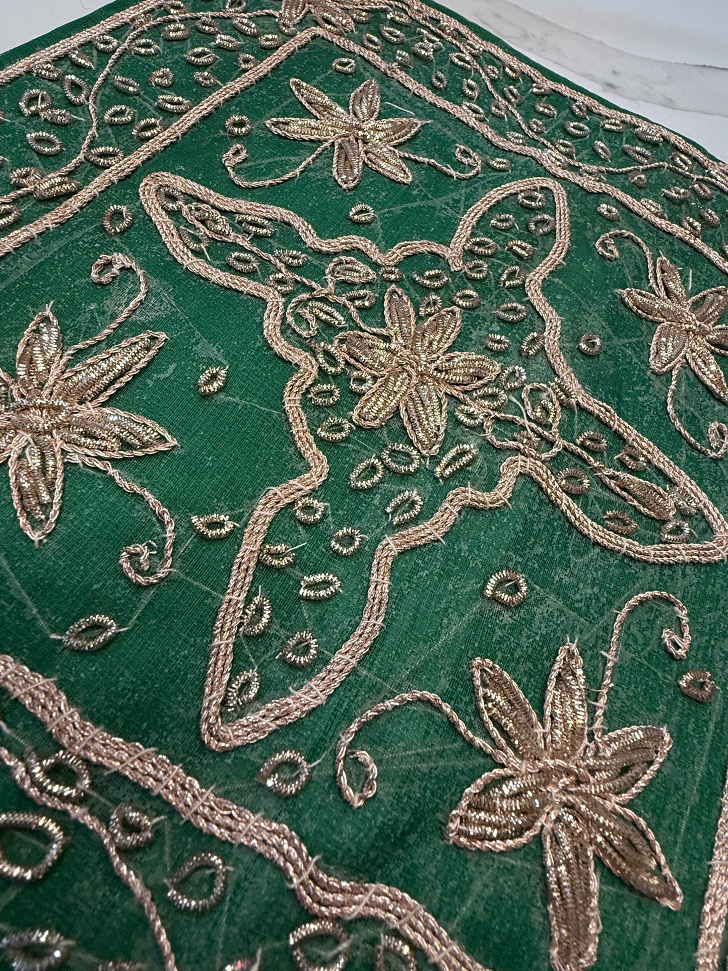 10"x10" Inch Green Handmade Embroidered Organza Pillow Cover: Ethnic Floral Cushion Case