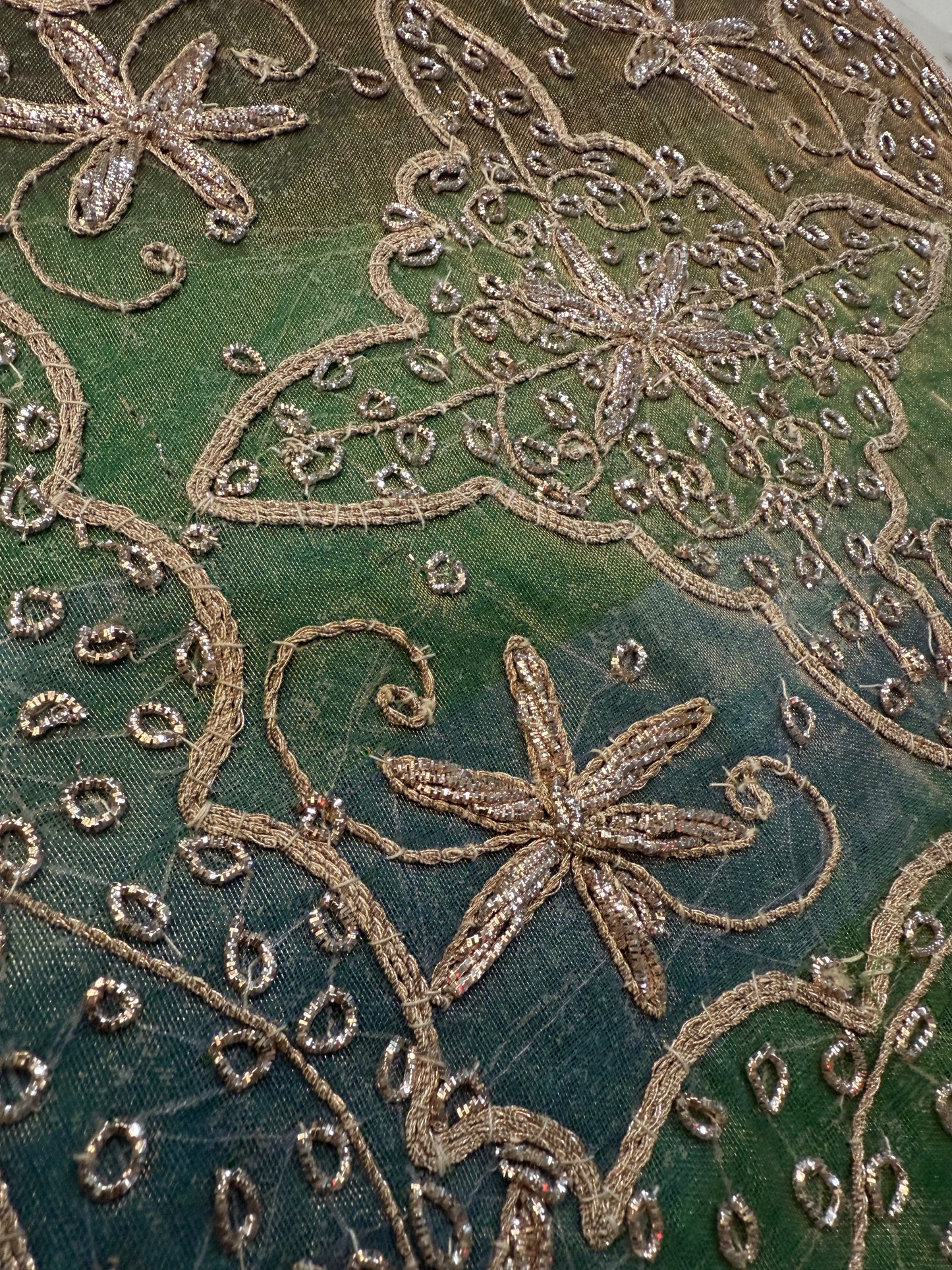 12" Inch  Square Organza Embroidered Pillow Cover: Handmade Zardozi, Ethnic Floral Design