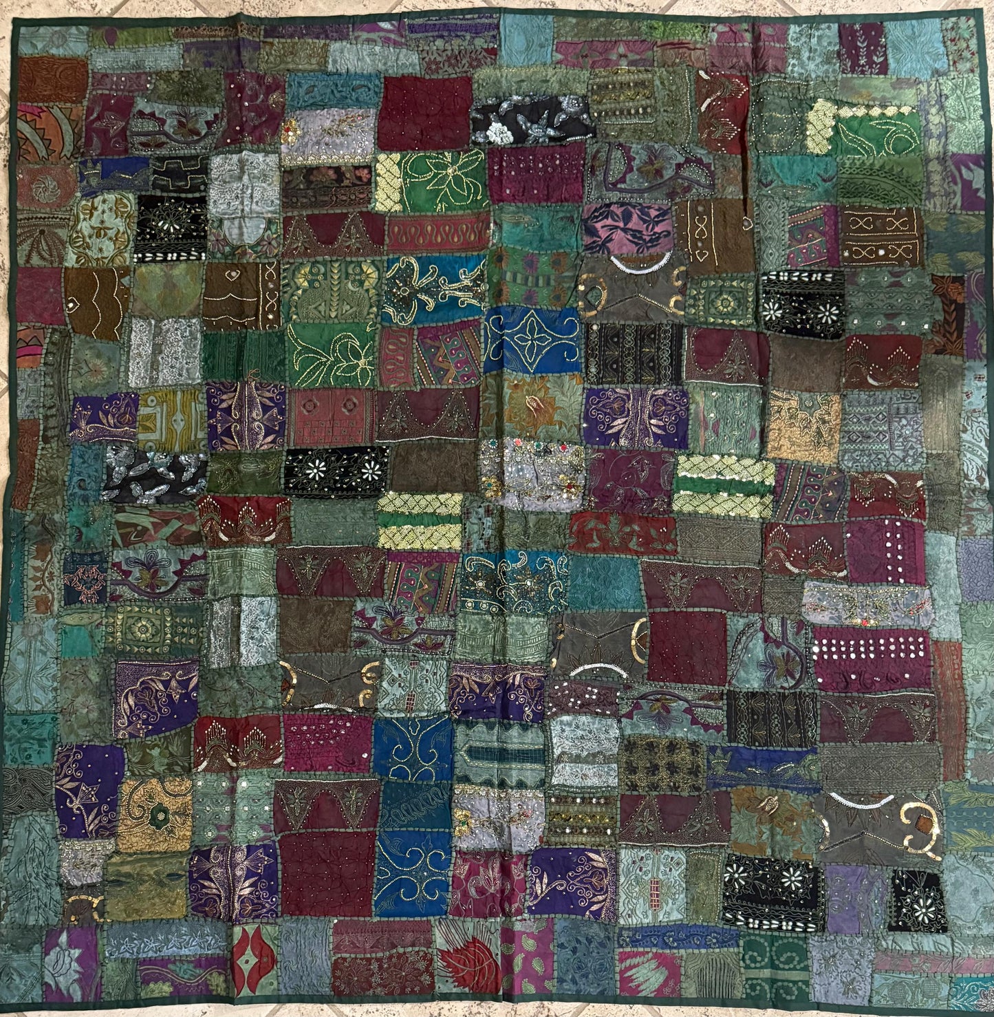 Handmade Embroidered Sari Tapestry Wall Hanging – Vintage Indian Patchwork with Zari, Mirror & Sequin Work, Large Multicolor Boho Decor Textile Art 77" x 76" Inch for Living Room or Bedroom