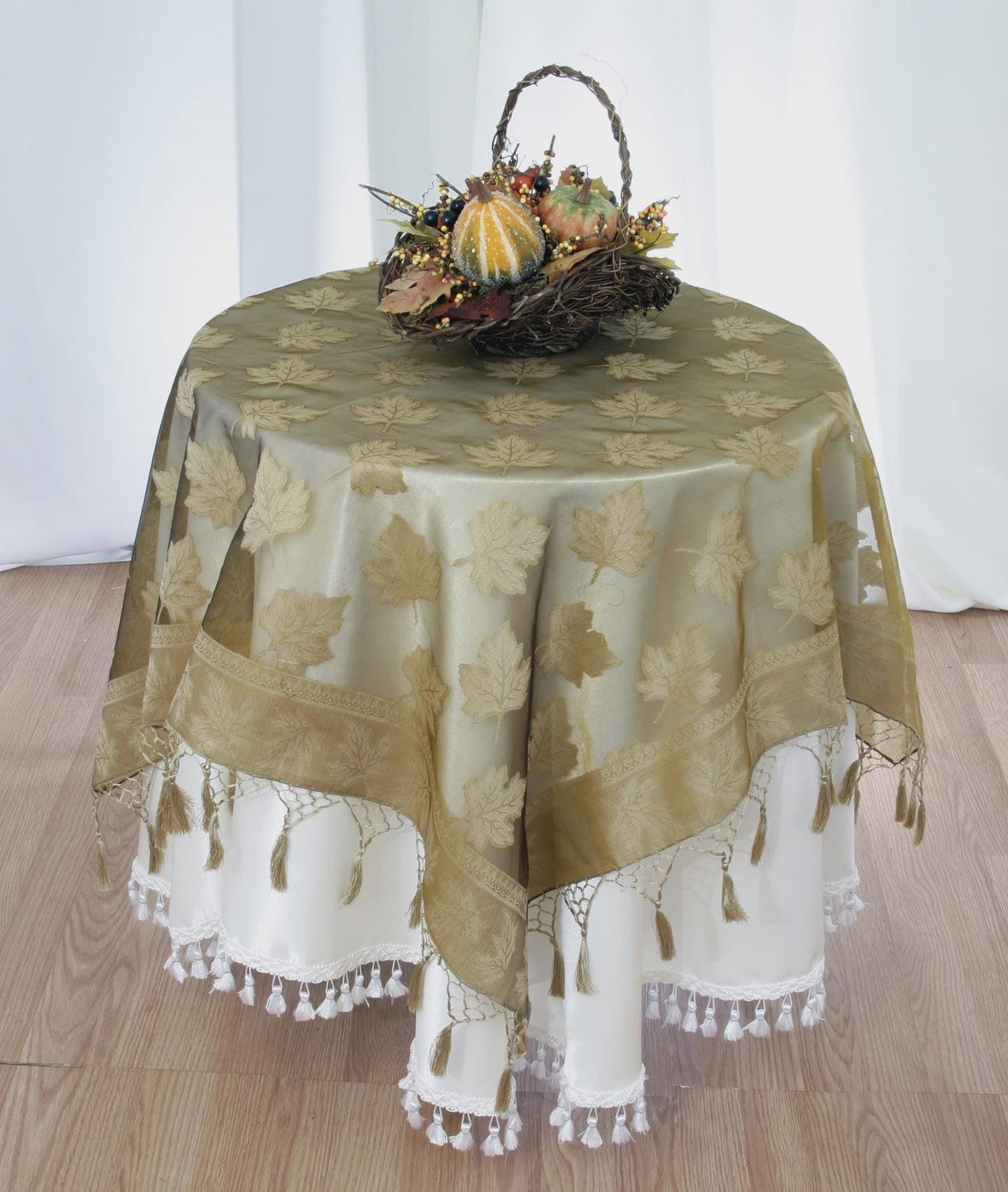 44 Inch Leaf Design Organza Tablecloth - Tasseled Elegant Fall Decor
