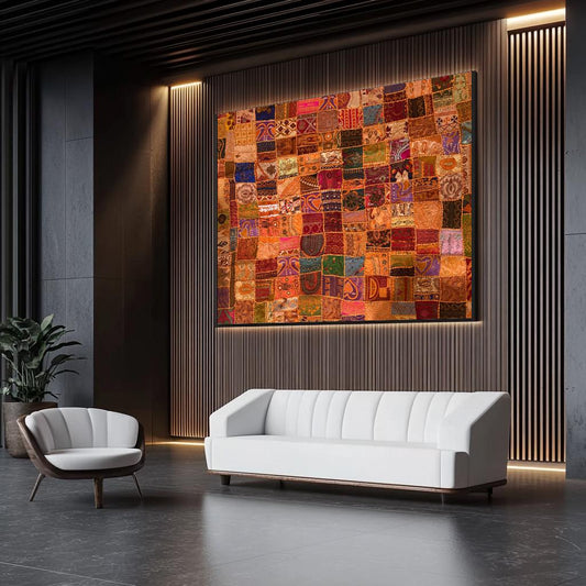 Embroidered Sari Tapestry Wall Hanging: Vintage Indian Zari Work, 58" x 57"