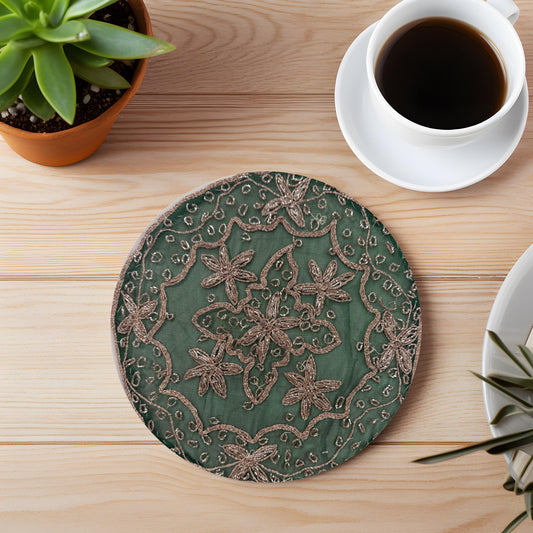 10" Sheer Beaded Floral Placemats (Set of 2): Indian Zardozi Table Decor