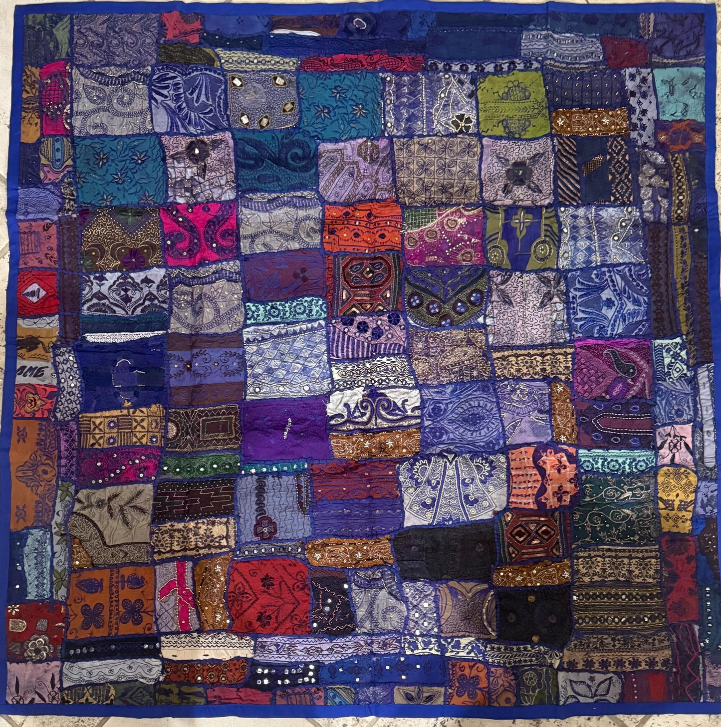 Handmade Embroidered Indian Sari Tapestry – Vintage Zari Patchwork Wall Hanging with Mirror & Sequin Work, Multicolor Boho Ethnic Textile Art Home Décor 59" x 59" Inch Large Square Decoration