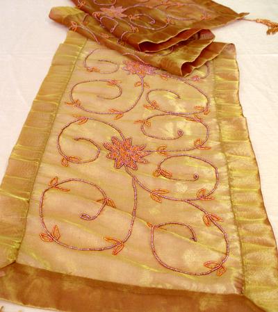 Beaded Table Runner: Indian Sari Fabric with Gold Tassels (16" x 72")