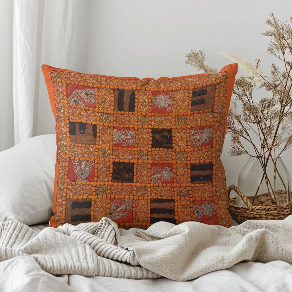 16 Inch Orange Vintage Indian Tapestry Pillow Cover: Zari Beaded Embroidered Throw Pillow