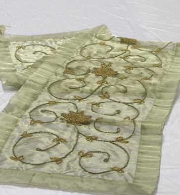 Beaded Table Runner: Indian Sari Fabric with Gold Tassels (16" x 72")